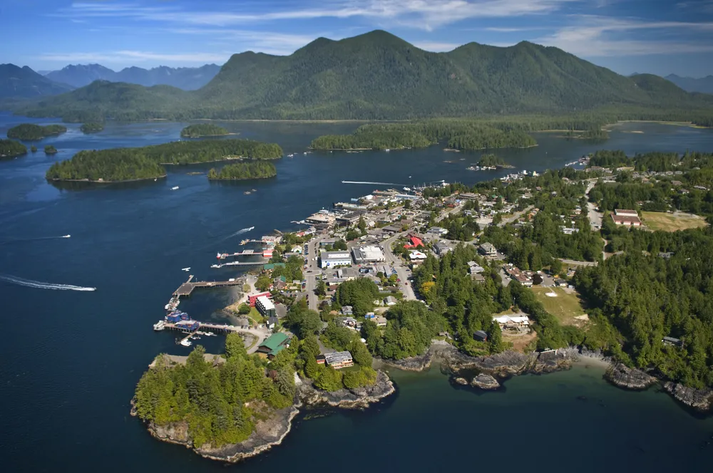 Aerial of Tofino, Vancouver Island, British Columbia, Canada