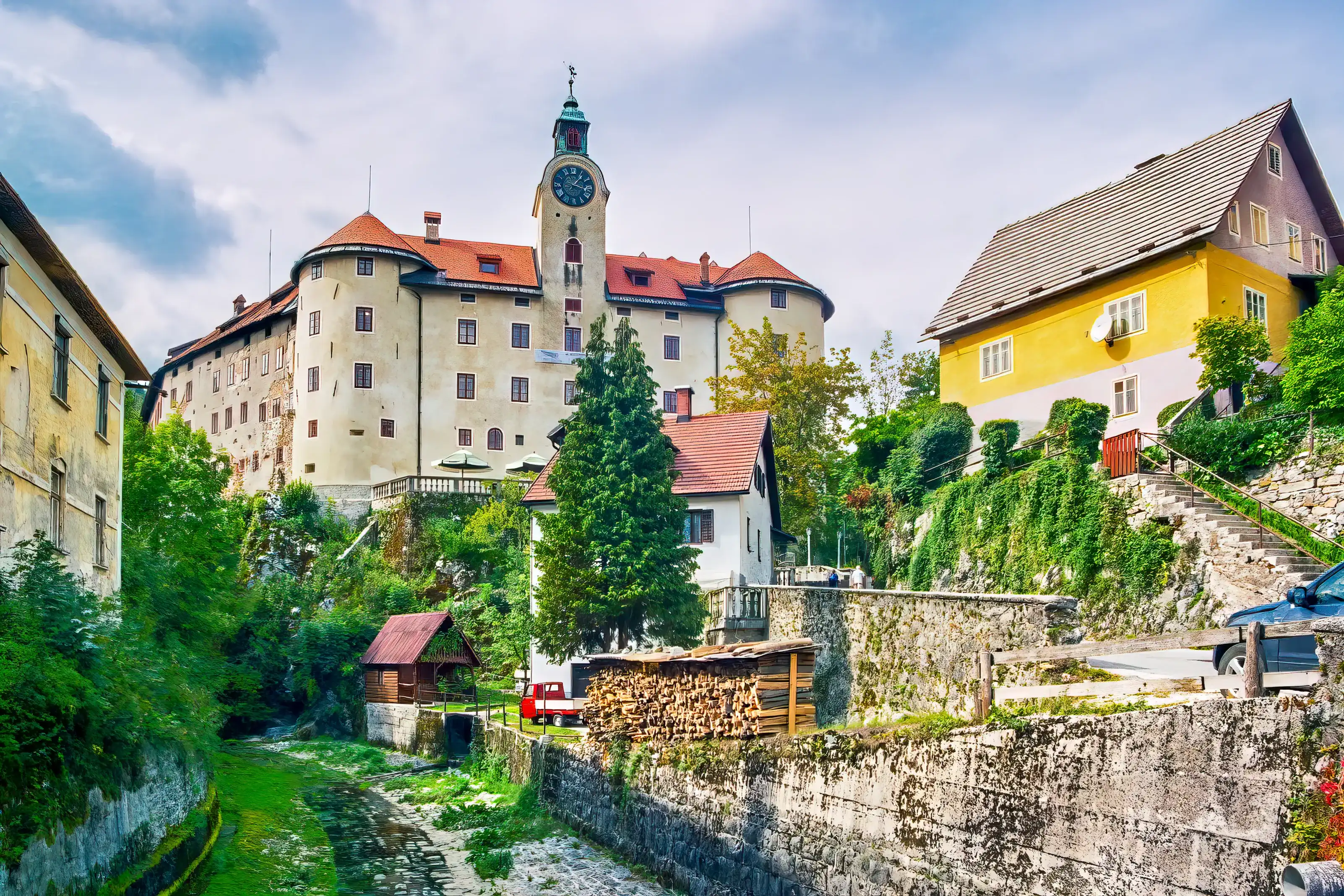 View of the Gewerkenegg Castle, in the historic center of Idrija, Slovenia View of the Gewerkenegg Castle, in the historic center of Idrija, Slovenia