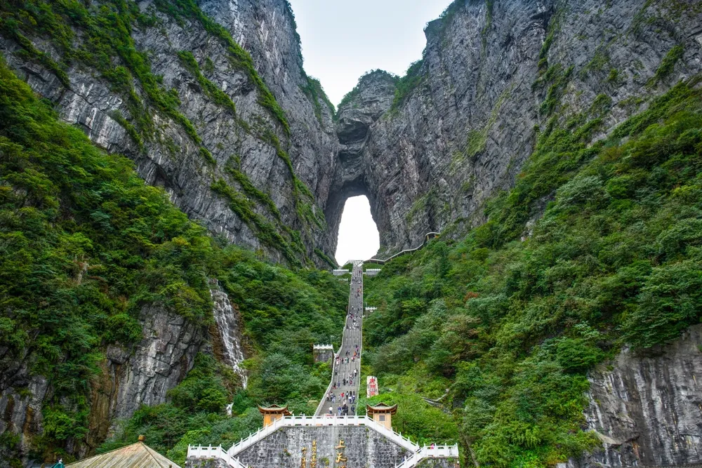 The landscape at the entrance of Tianmen Mountain in Zhangjiajie, China. Chinese translation: Ascending the Heavenly Ladder,