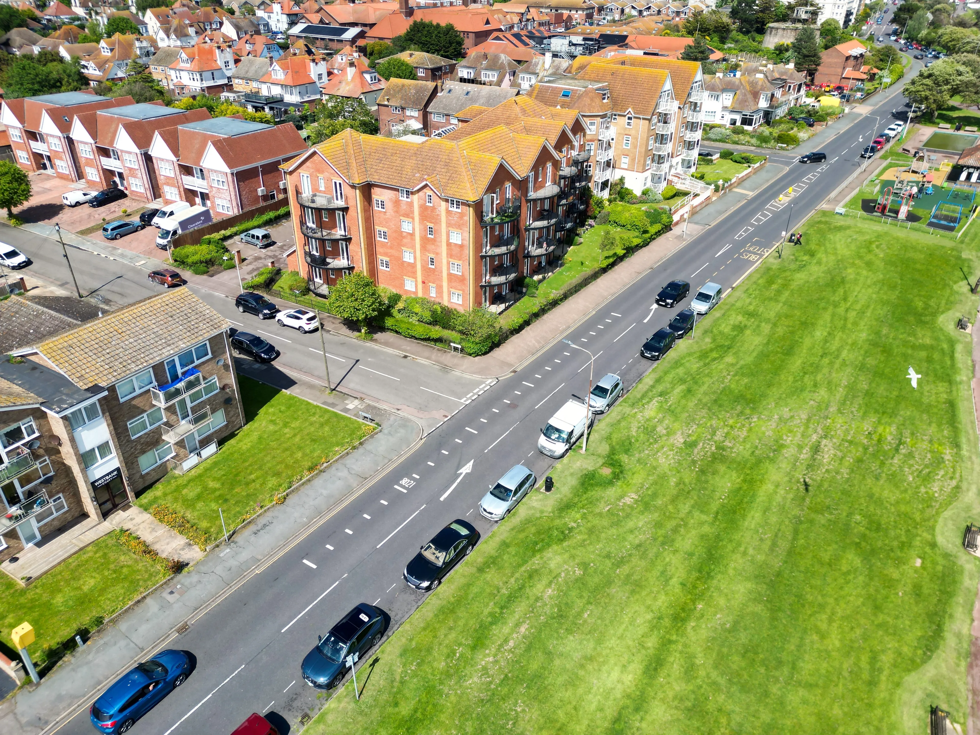 High Angle View of Most Beautiful and Attractive British Tourist Attraction Downtown Central Clacton on Sea City of England United Kingdom. Aerial Footage Was Captured on May 21st, 2024