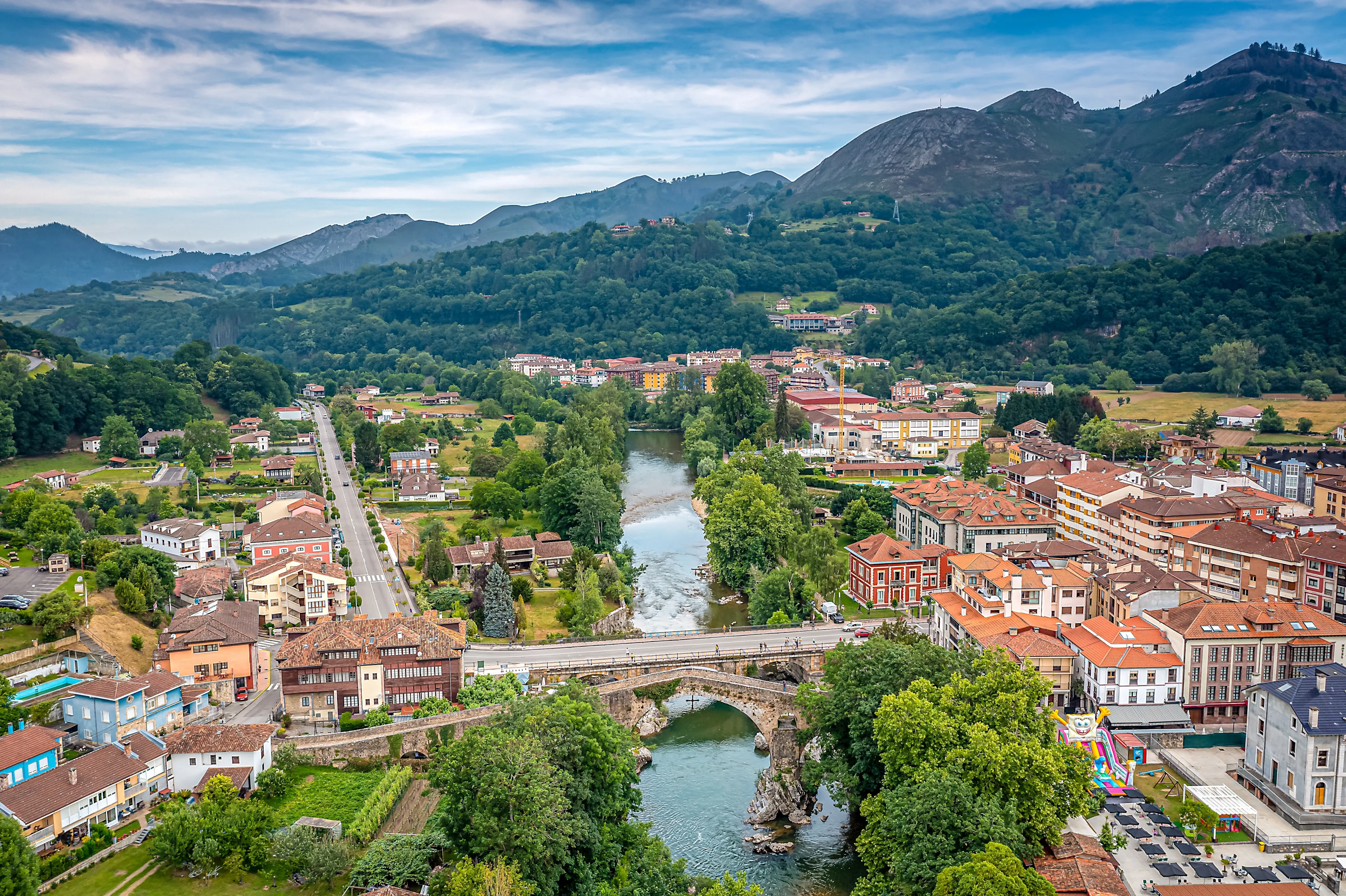 Aerial View Over Cangas de Onís, Asturias, Picos de Europa , Spain