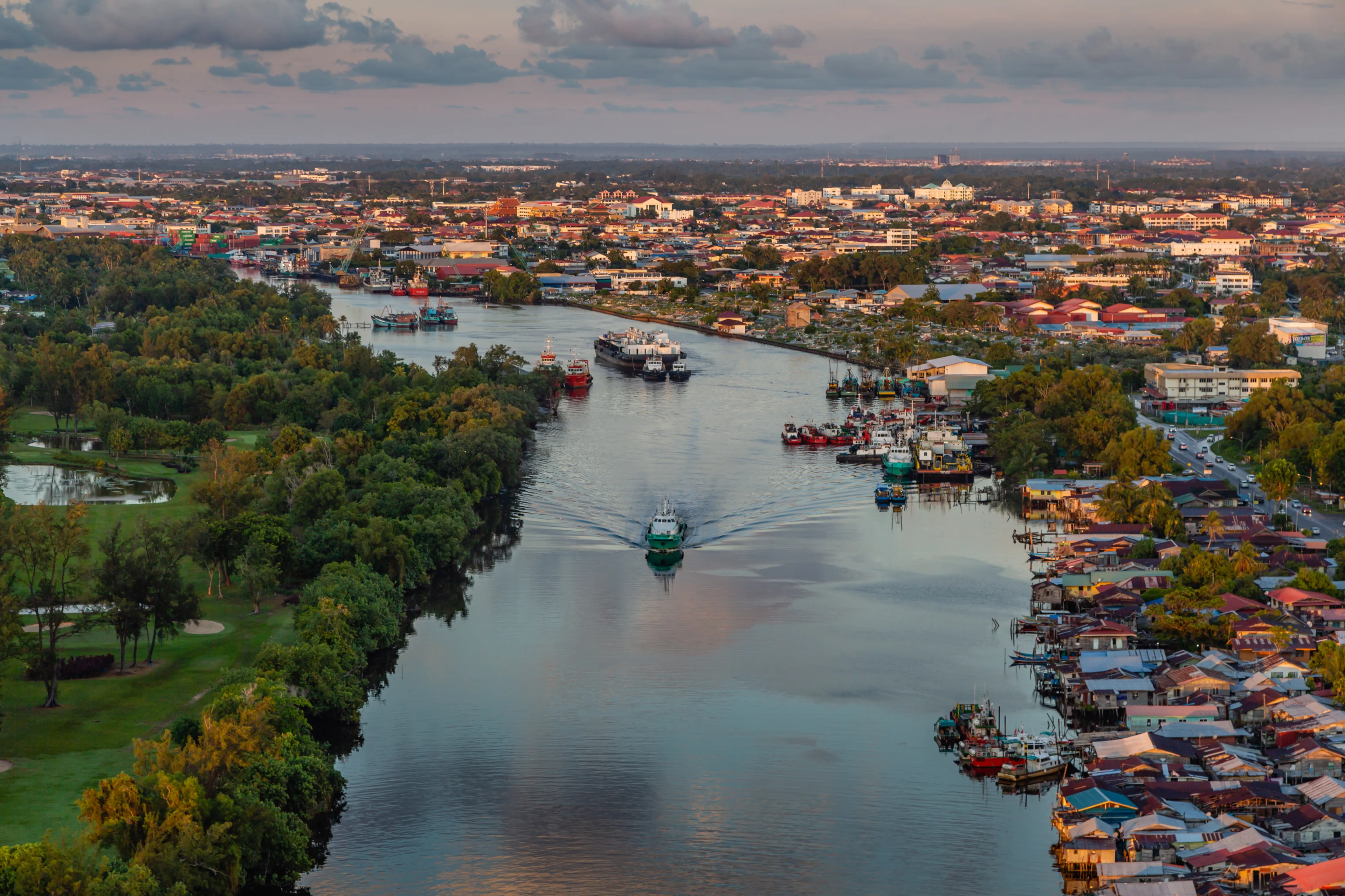 Miri, Sarawak, Malaysia - December 03 2018: View of Miri City taken at golden hour
