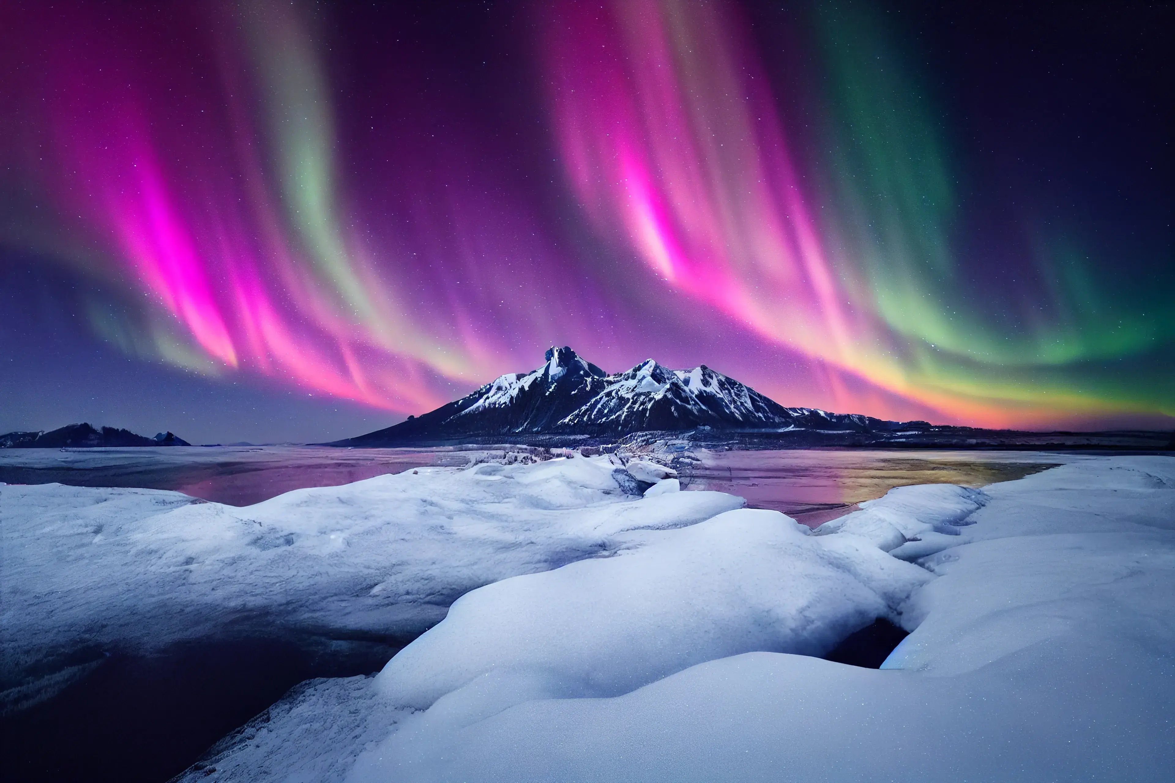 Northern Lights over lake. Aurora borealis with starry in the night sky. Fantastic Winter Epic Magical Landscape of snowy Mountains. Northern Lights over lake. Aurora borealis with starry in the night sky. Fantastic Winter Epic Magical Landscape of snowy Mountains.