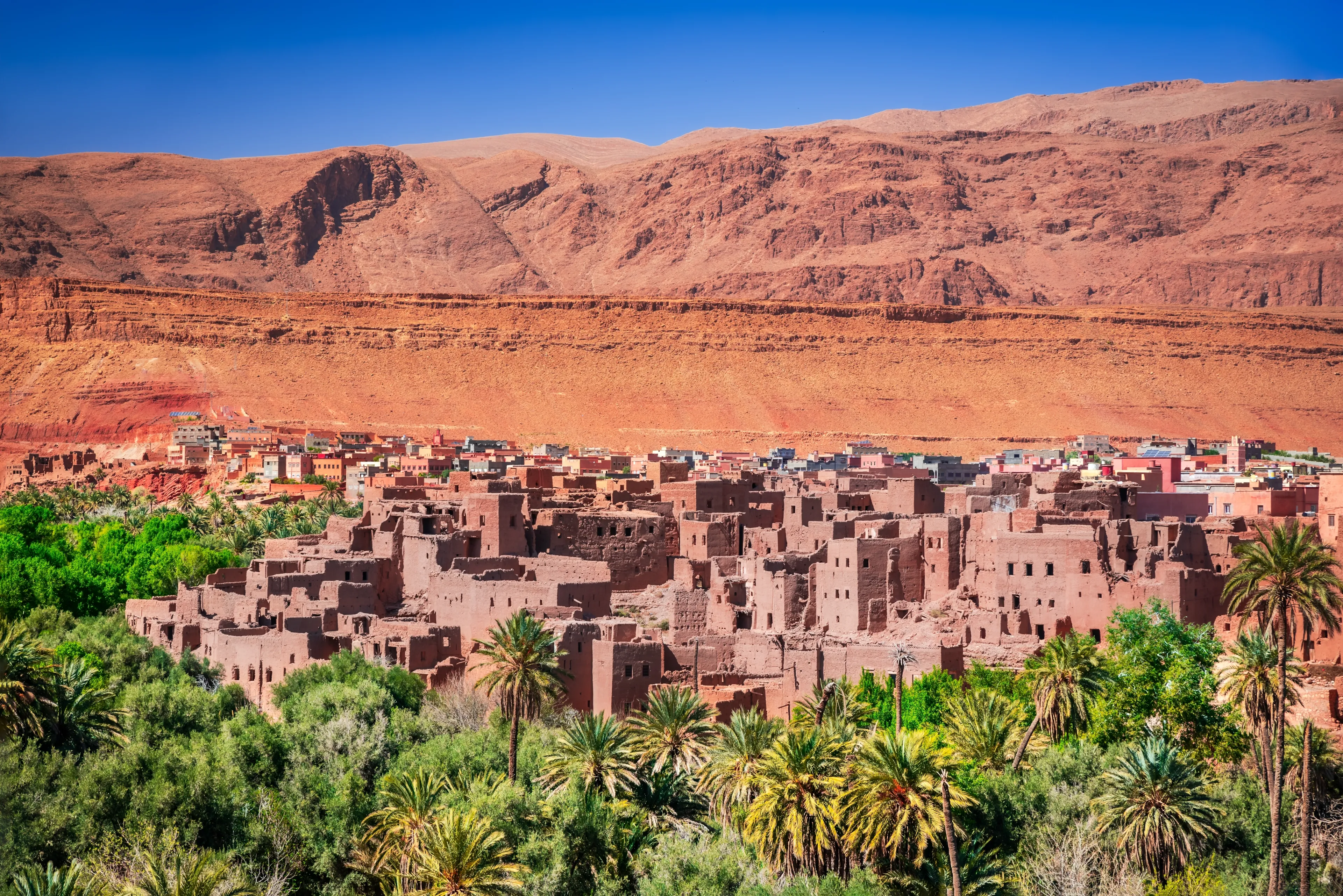 Tinghir, Morocco. Old berber architecture in Todra Oasis, Tagounsa village in Atlas Mountains.