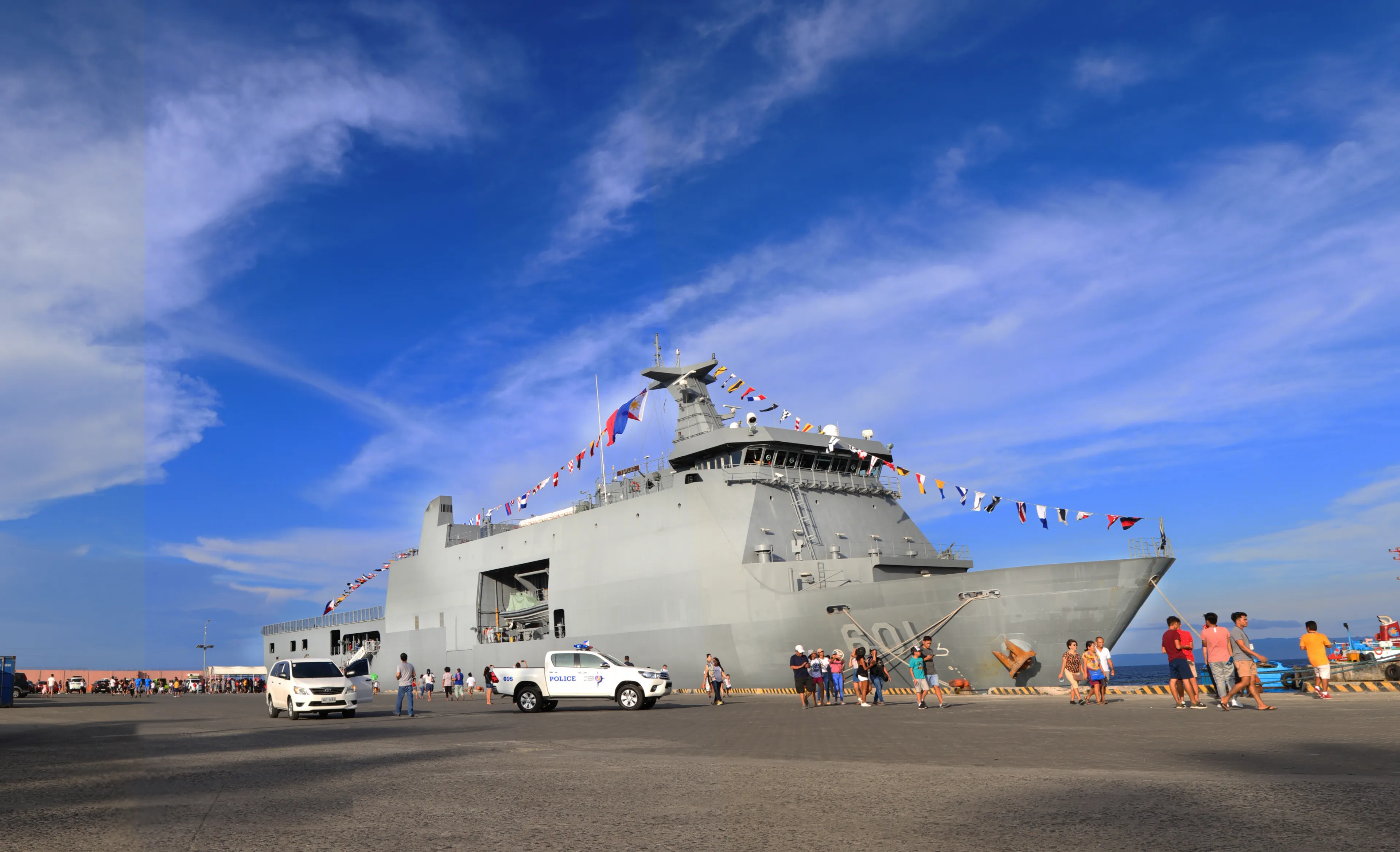 Seaport of Dumaguete City, Negros Oriental, Philippines - June 13, 2019: Indpenence Day:  BRP Tarlac(LD-601), one of the strategic naval ships of the Philippines. 