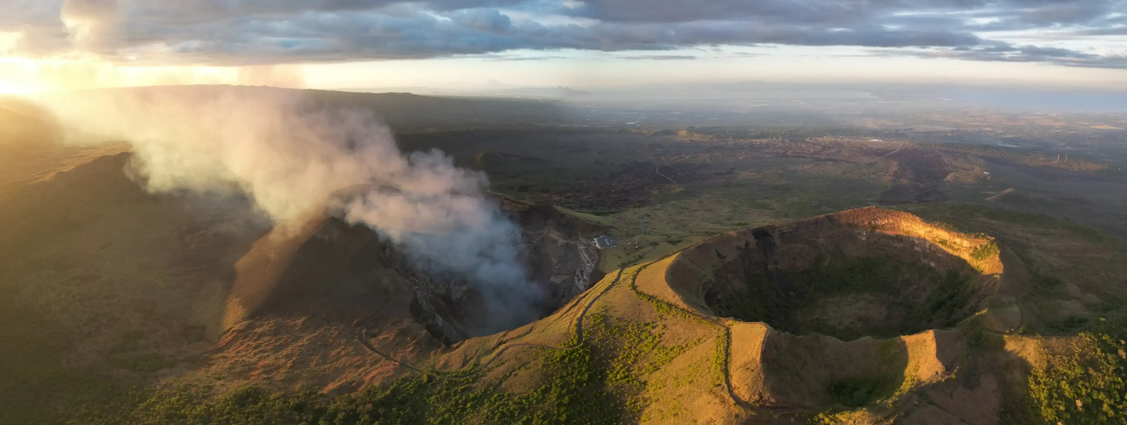 Santiago volcano crater in Masaya Nicaragua aerial drone view on sunset time Santiago volcano crater in Masaya Nicaragua aerial drone view on sunset time