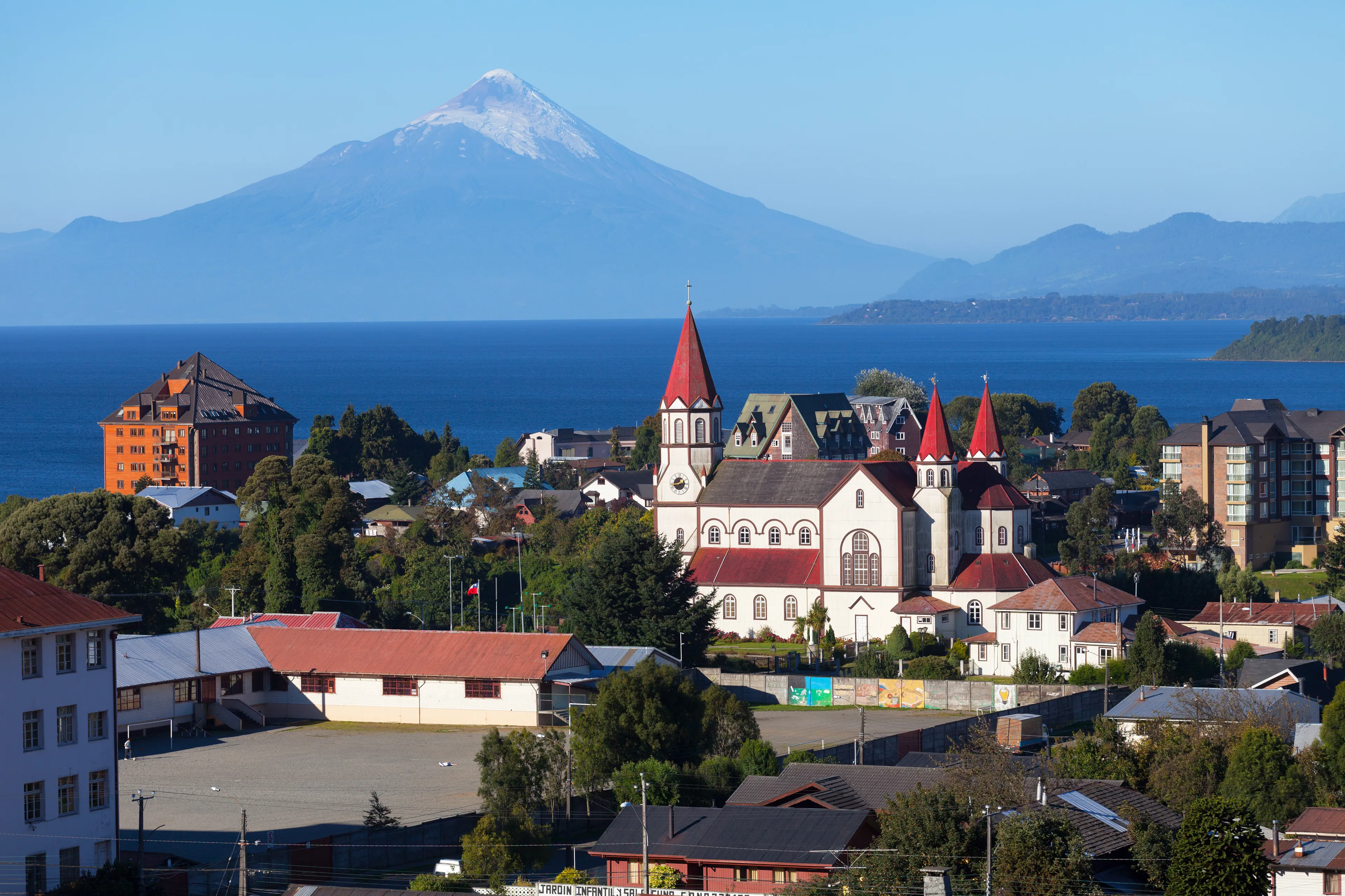 View of the city of Puerto Varas and llanyauihue Lake, Patagonia, Chile
