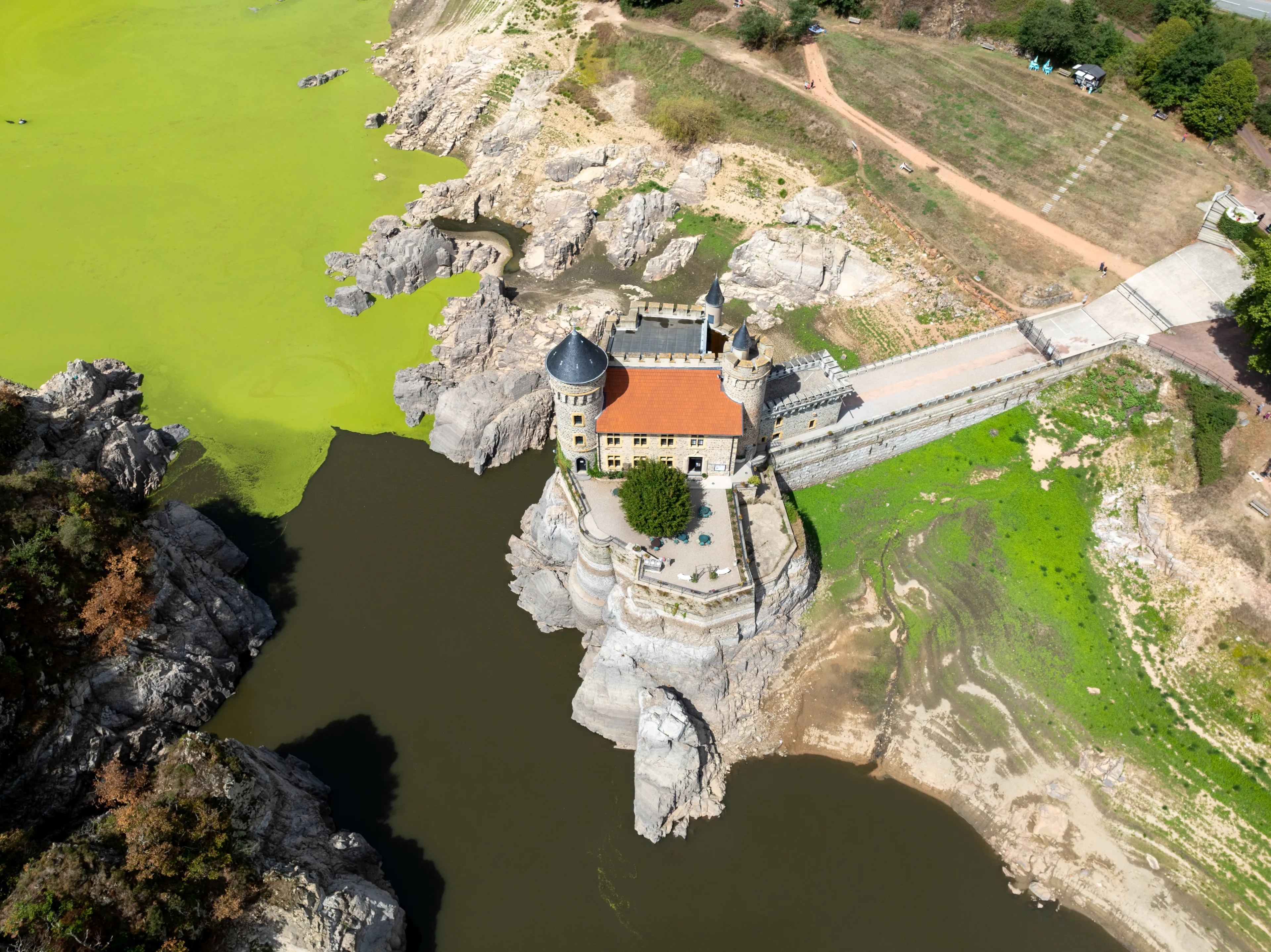 Aerial view of beautiful The Chateau de La Roche is a beautiful restored castle situated in Saint-Priest-la-Roche in Roanne, France.