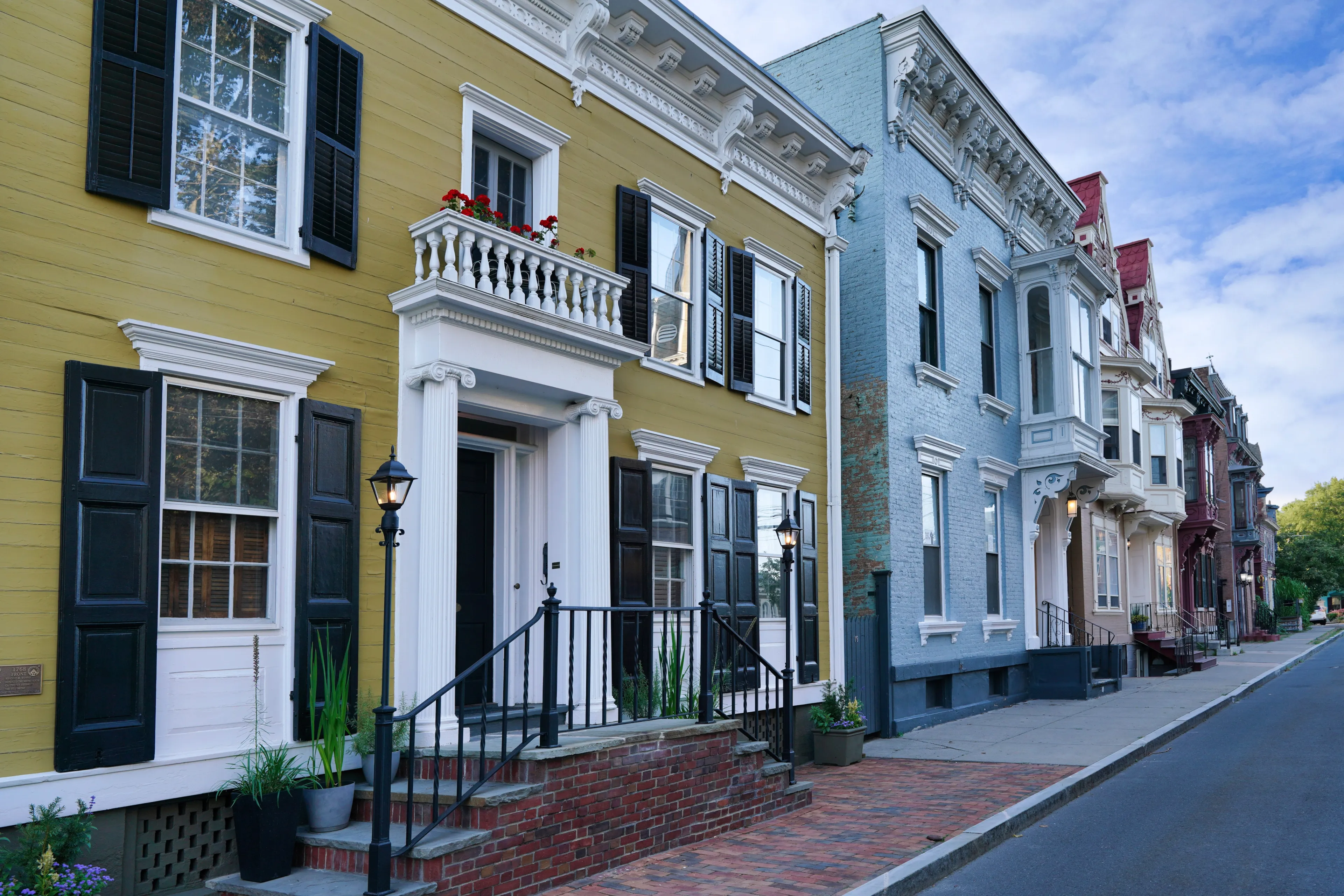 Schenectady, New York - August 24, 2023: Street of well preserved house built in the 1700s, Schenectady, New York