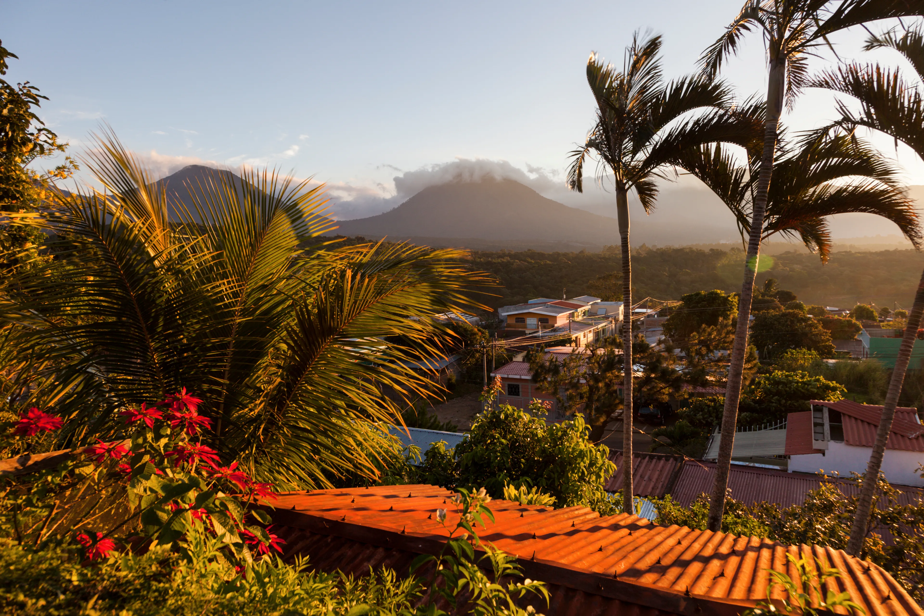Volcanos of Cerro Verde National Park seen from Juayua. Juayua, Sonsonate, El Salvador.