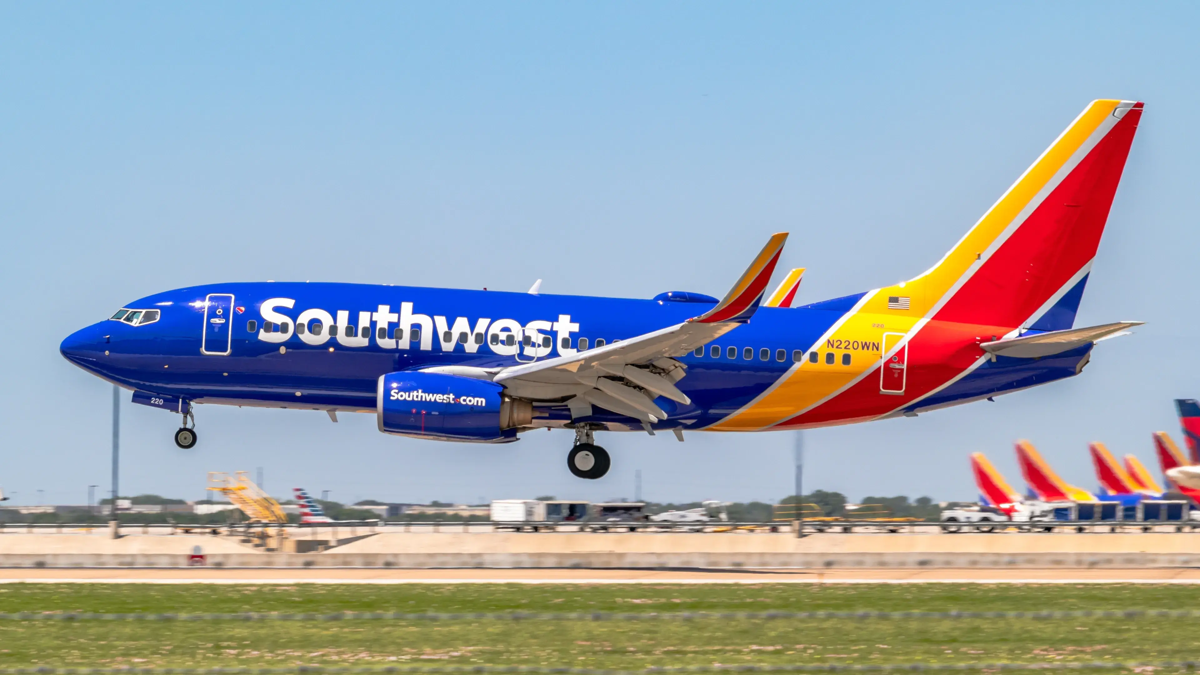 Austin Texas- April 22, 2023 Austin-Bergstrom International Airport Southwest Airlines 737-700 Landing Runway 18L Austin Texas- April 22, 2023 Austin-Bergstrom International Airport Southwest Airlines 737-700 Landing Runway 18L