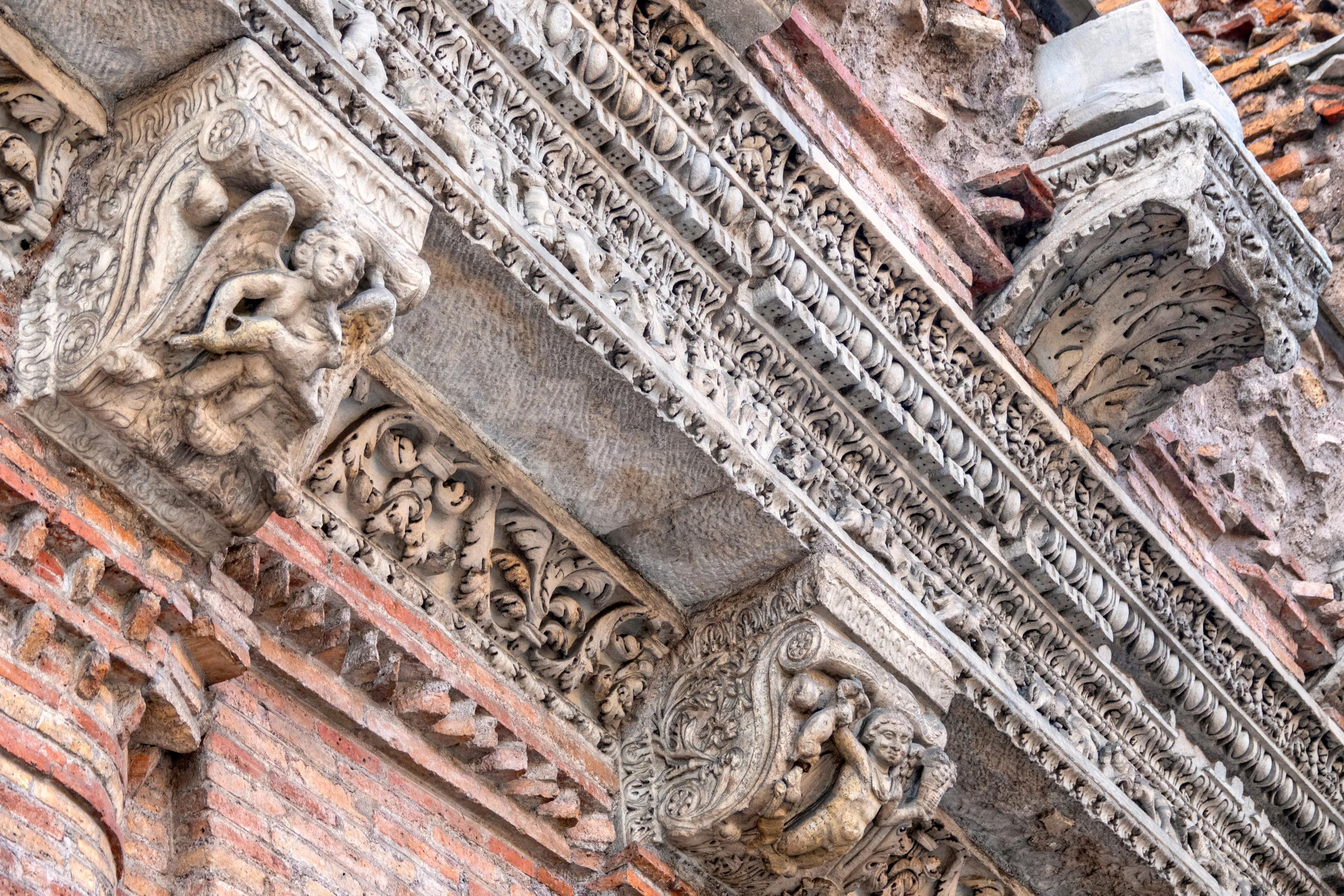 Rome, Italy - 11 10 2019: Detail of the architrave of the Casa dei Crescenzi