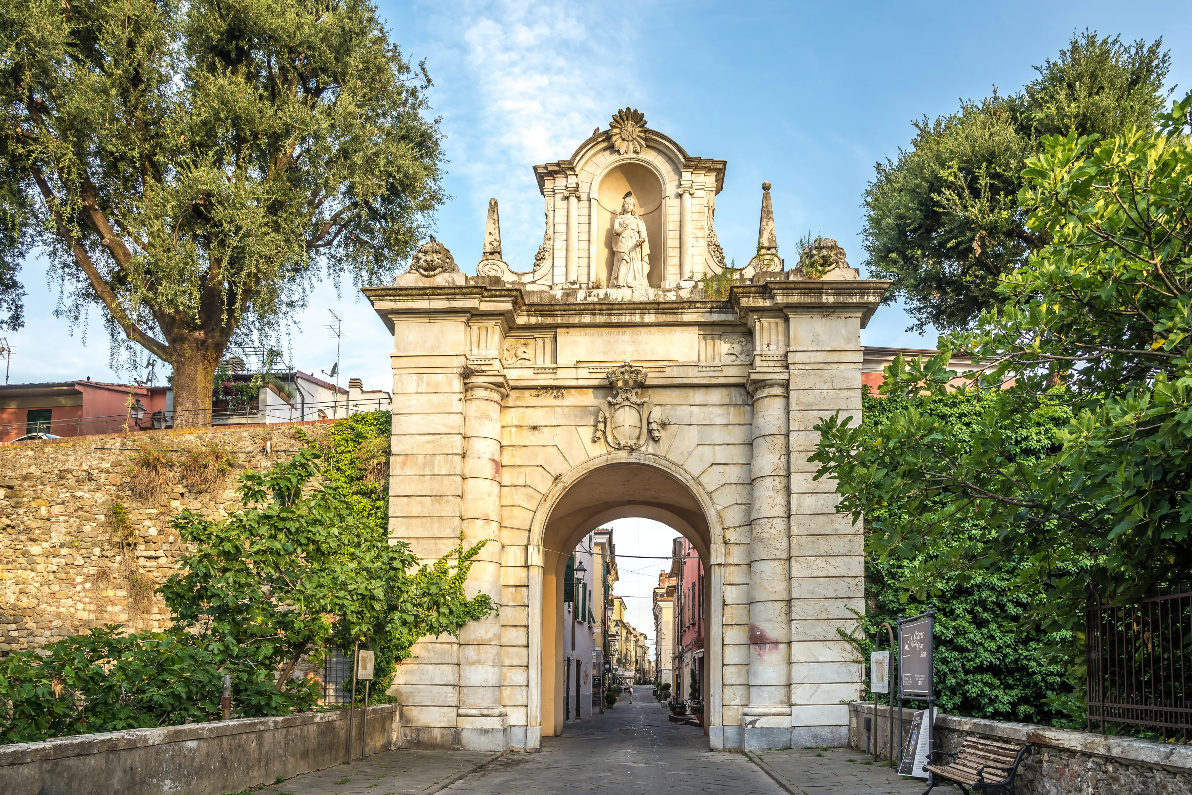 SARZANA,ITALY - SEPTEMBER 1,2022 - View at the Porta Romana in the streets of Sarzana. Sarzana is is town in the Province of La Spezia, Liguria, Italy. 