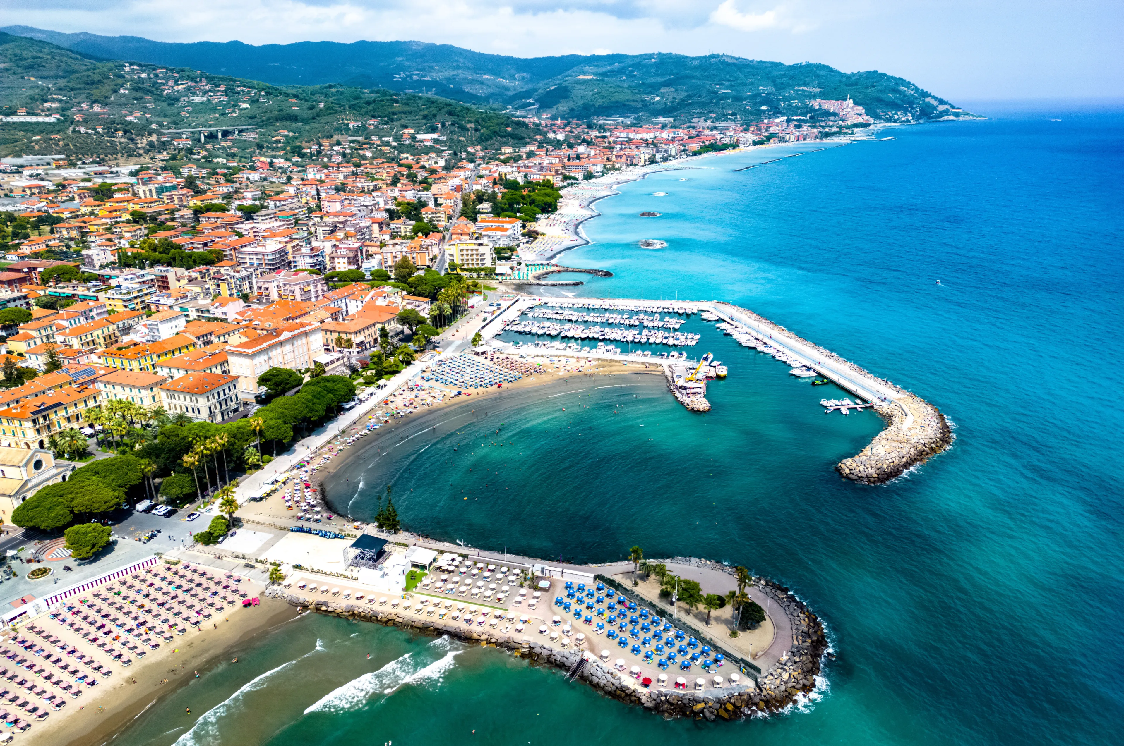 Aerial view of the village of Diano Marina on the Italian Riviera in the province of Imperia, Liguria, Italy