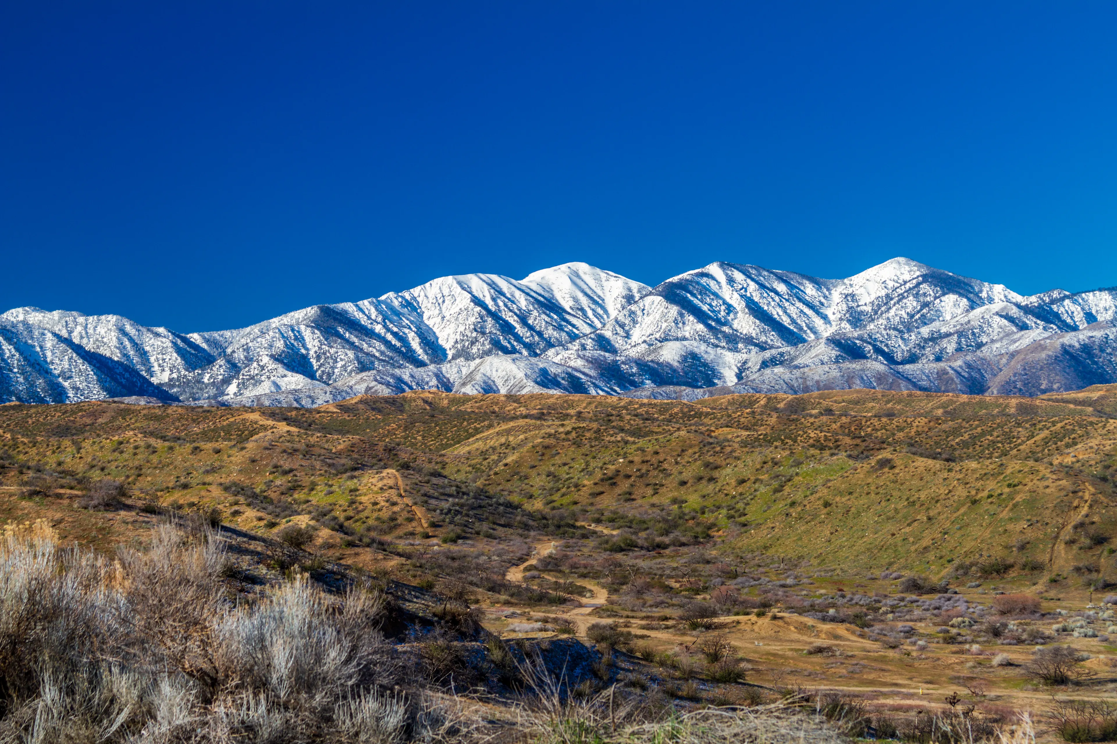 Snow on the northern side of the San Gabriel Mountains in the Angeles National Forset in Southern California