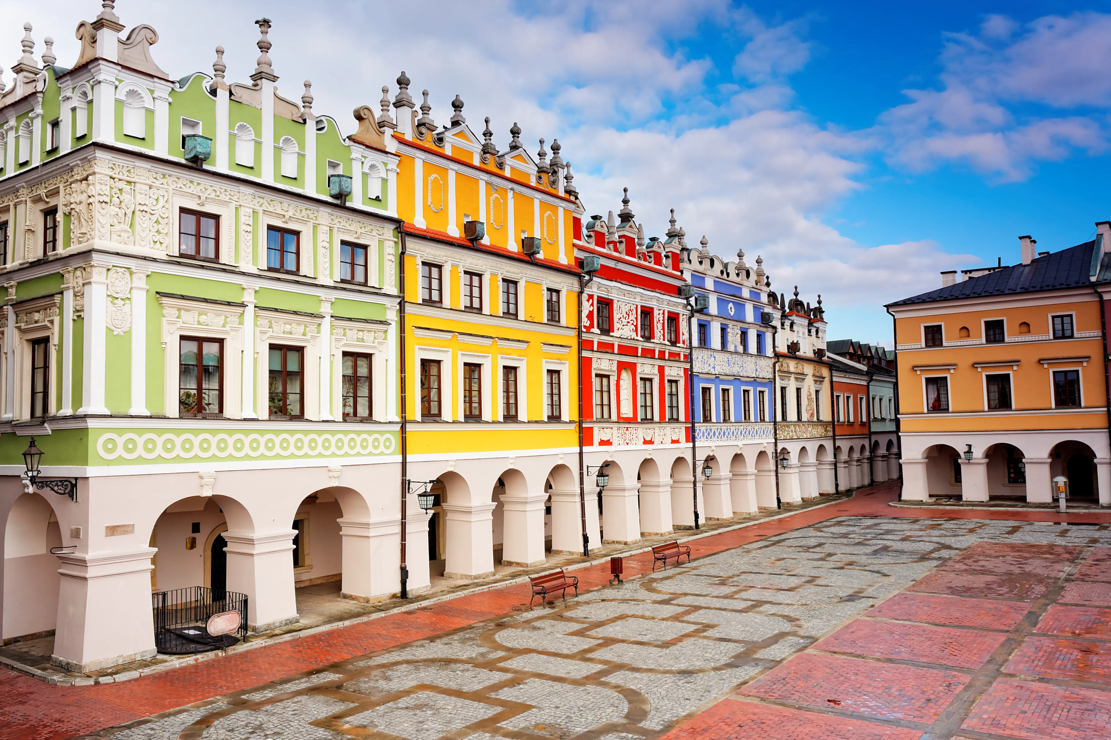Colorful Tenement houses on Market Square in Zamosc, Poland - the city listed by UNESCO.