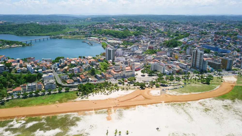 Aerial footage of Ilhéus, Bahia. Central Cathedral and Soares Lopes avenue