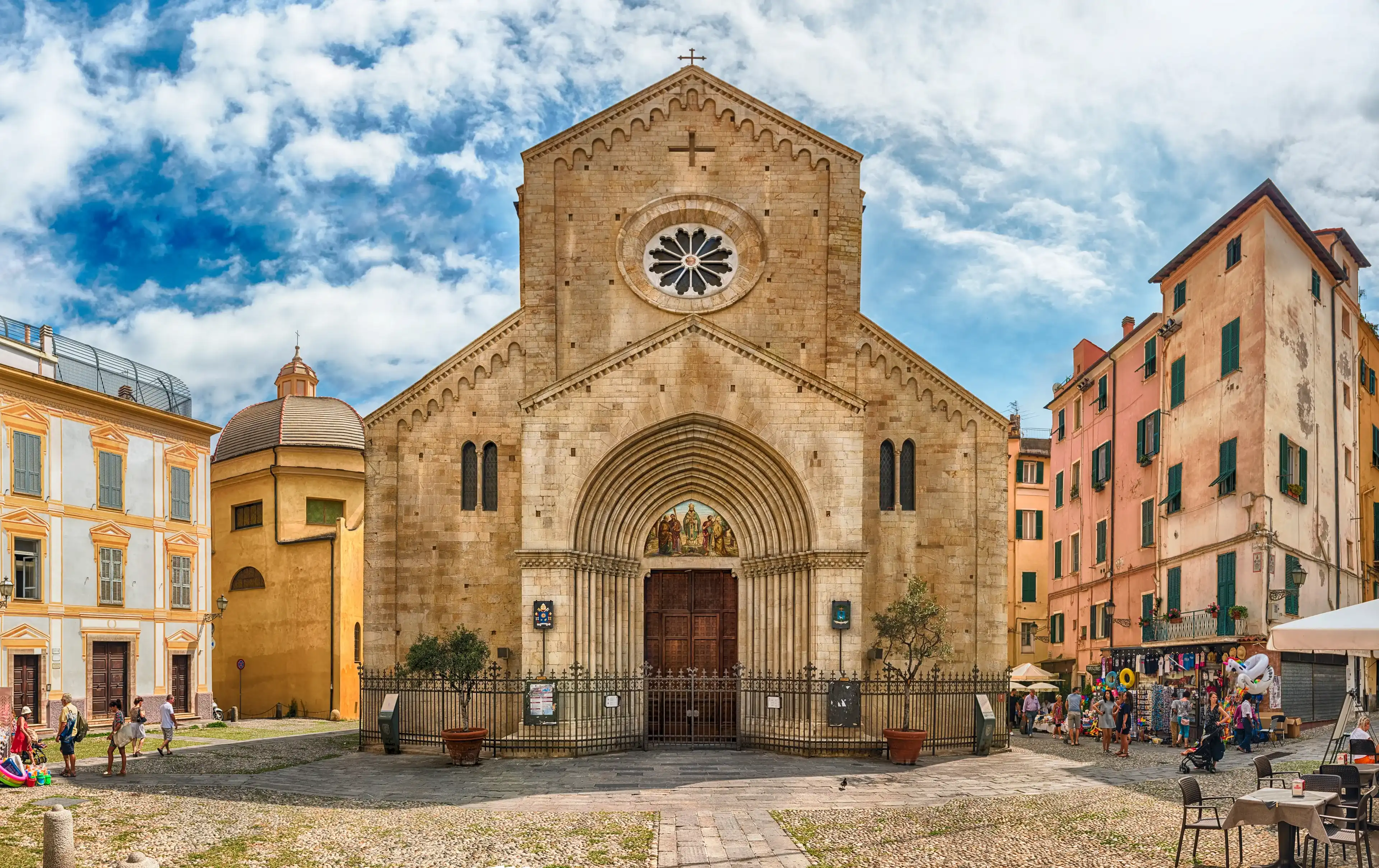 SANREMO, ITALY - AUGUST 18: Facade of the Cathedral of San Siro in Sanremo, Italy, as seen on August 18, 2019. The church is the most ancient religious building and a major landmark of the city SANREMO, ITALY - AUGUST 18: Facade of the Cathedral of San Siro in Sanremo, Italy, as seen on August 18, 2019. The church is the most ancient religious building and a major landmark of the city
