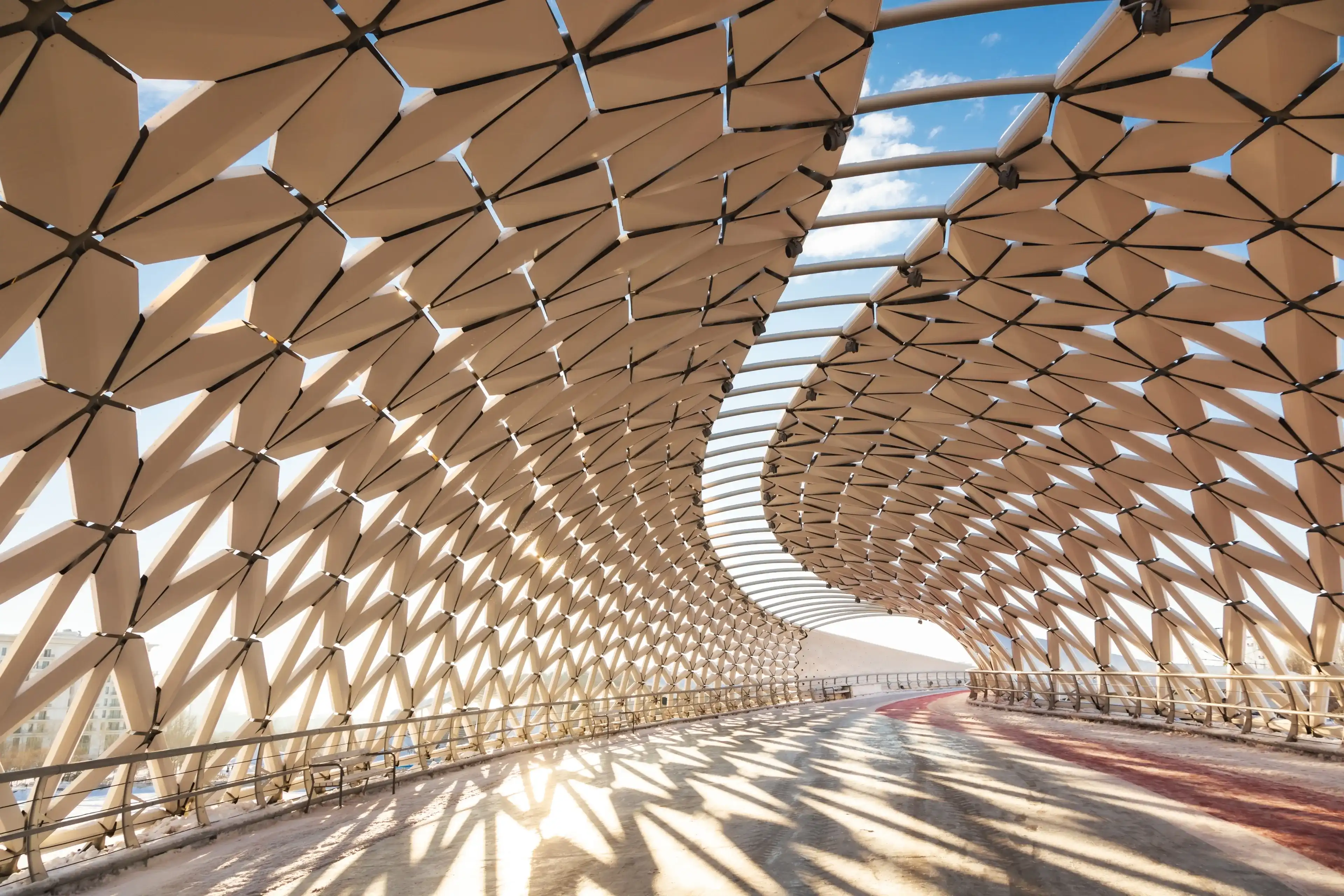 Interior of Atyrau Bridge, a contemporary pedestrian bridge over Ishim river and a popular tourist attraction in Astana, Kazakhstan Interior of Atyrau Bridge, a contemporary pedestrian bridge over Ishim river and a popular tourist attraction in Astana, Kazakhstan