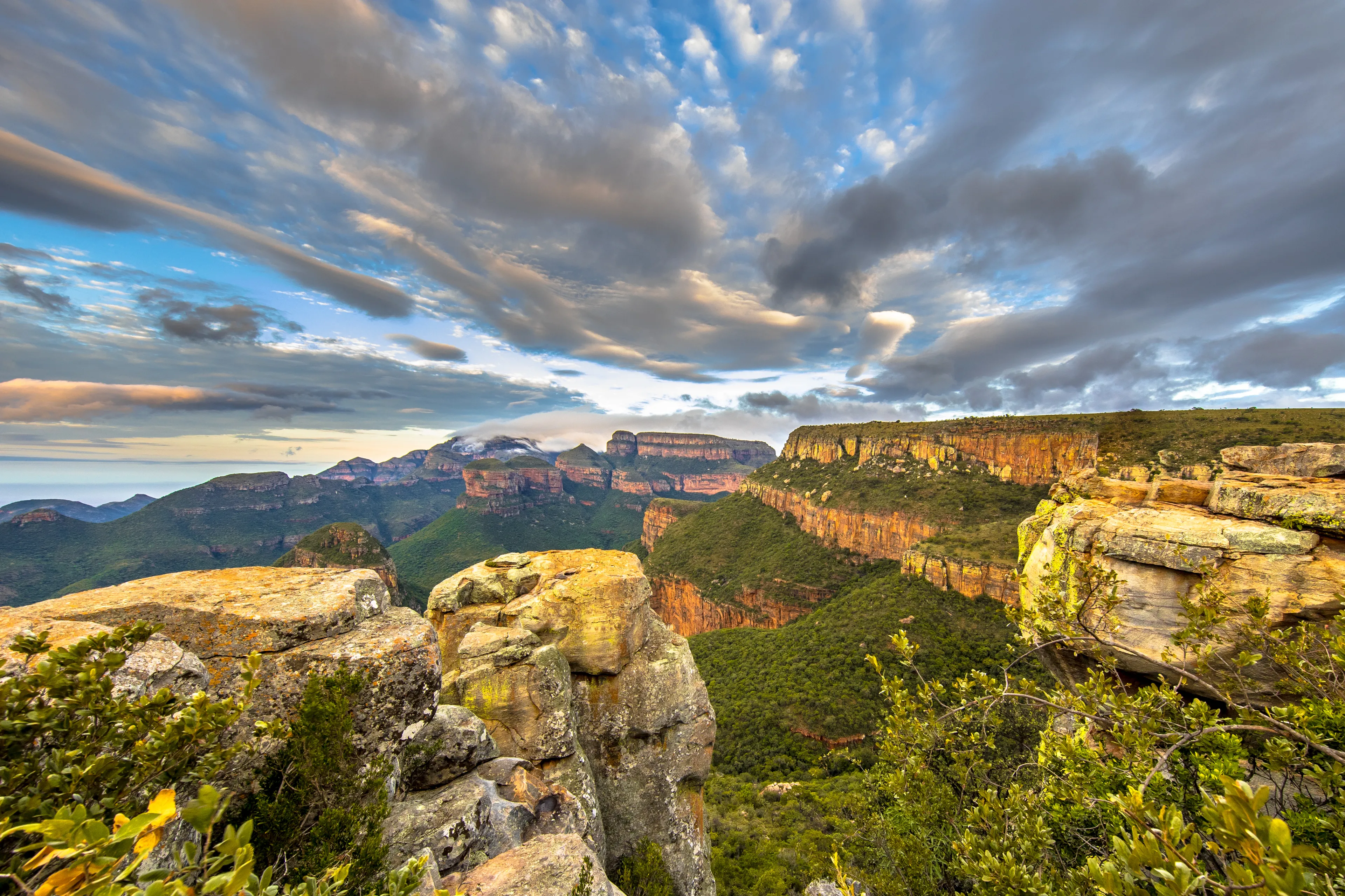 Blyde river Canyon panorama from viewpoint over panoramic scenery of Three Rondavels in Mpumalanga South Africa