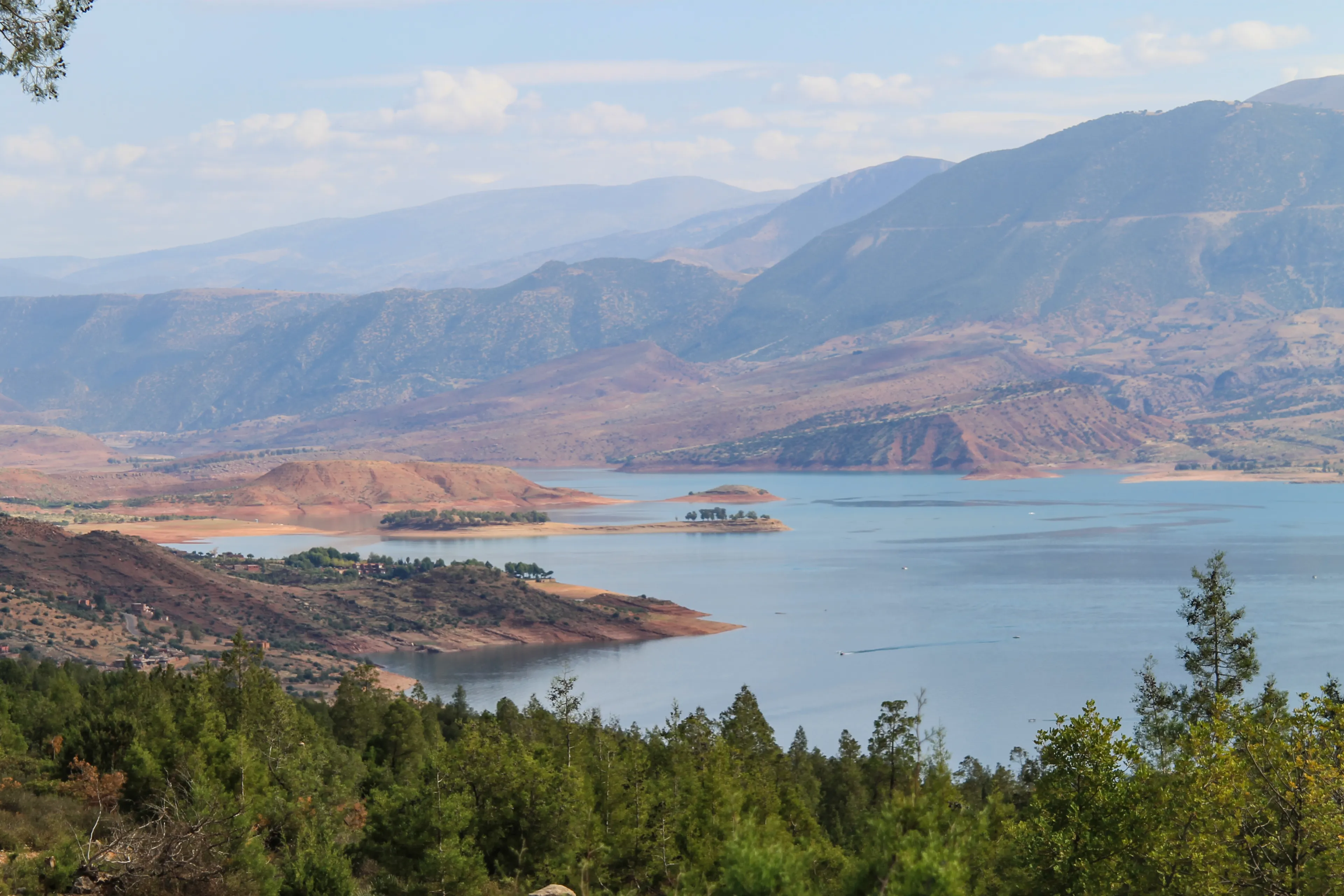 Bin El Ouidane, Azilal Province, Béni Mellal-Khénifra, Morocco - November 3, 2012: Panoramic view of the artificial lake of Bin el Oiudane located 1 km east of the village of the same name.
