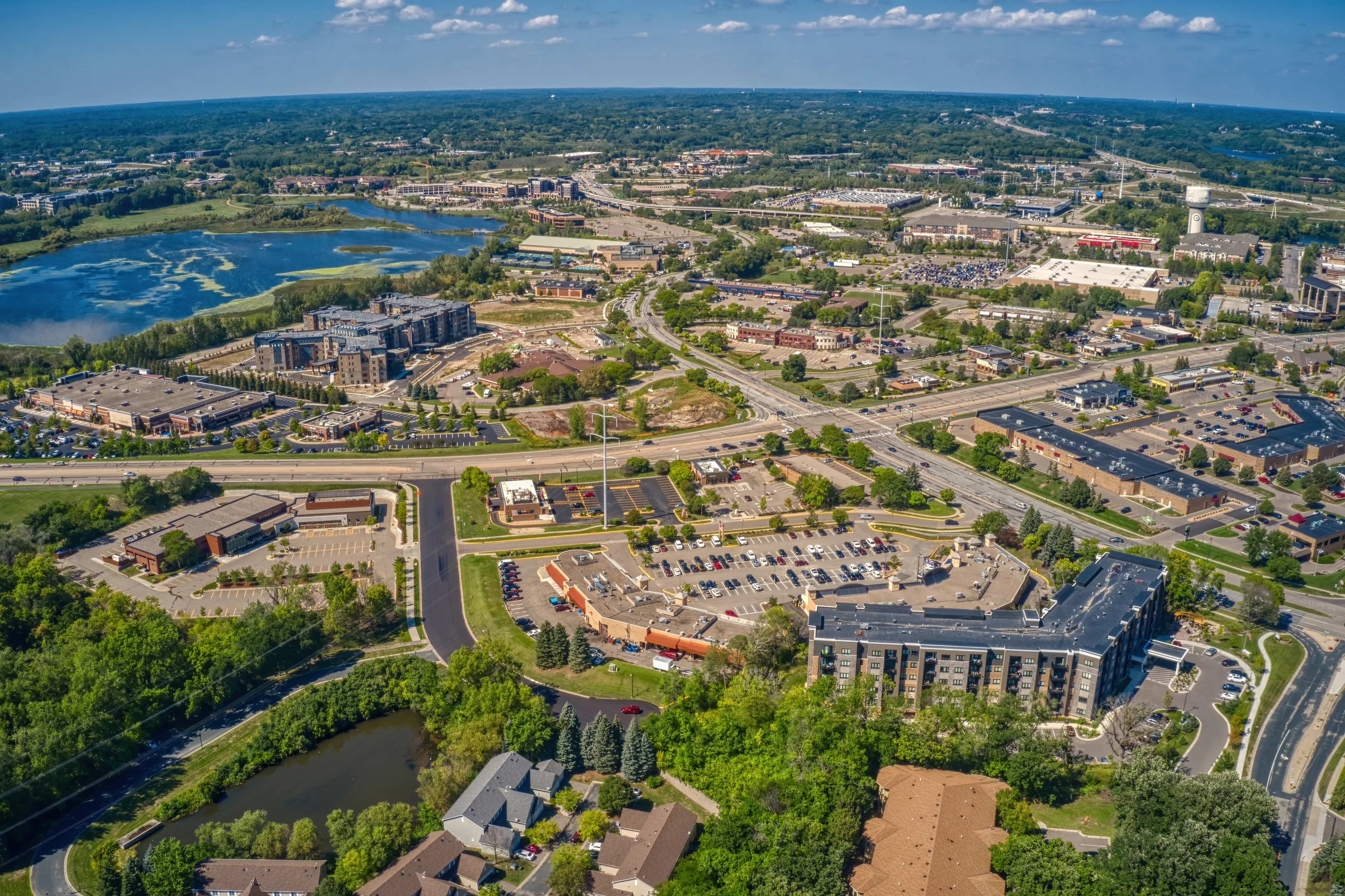 Aerial View of the Shopping District of Eden Prairie, Minnesota during Summer