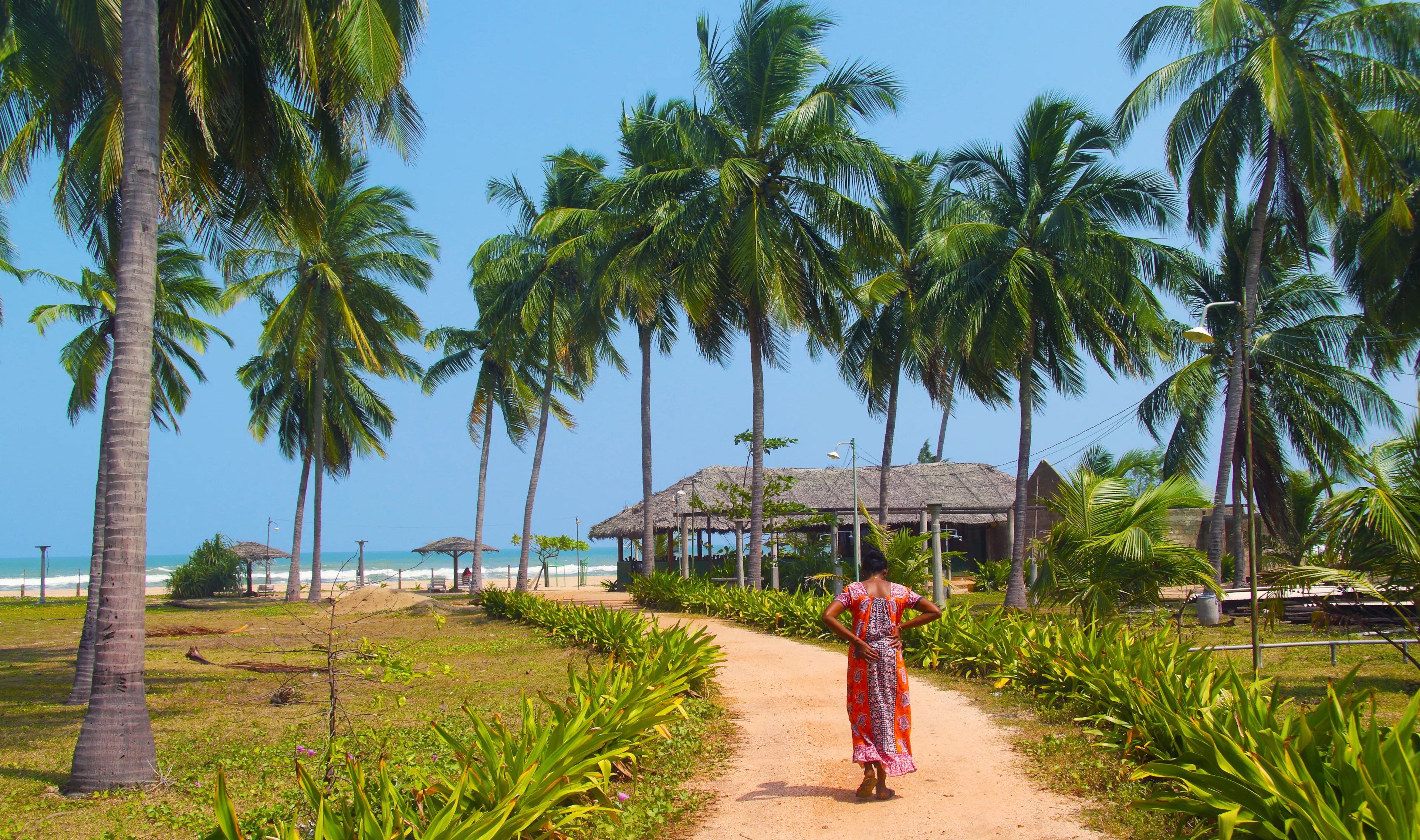 Sri lanka woman in beautiful sari walking toward beautiful Nilaveli beach 