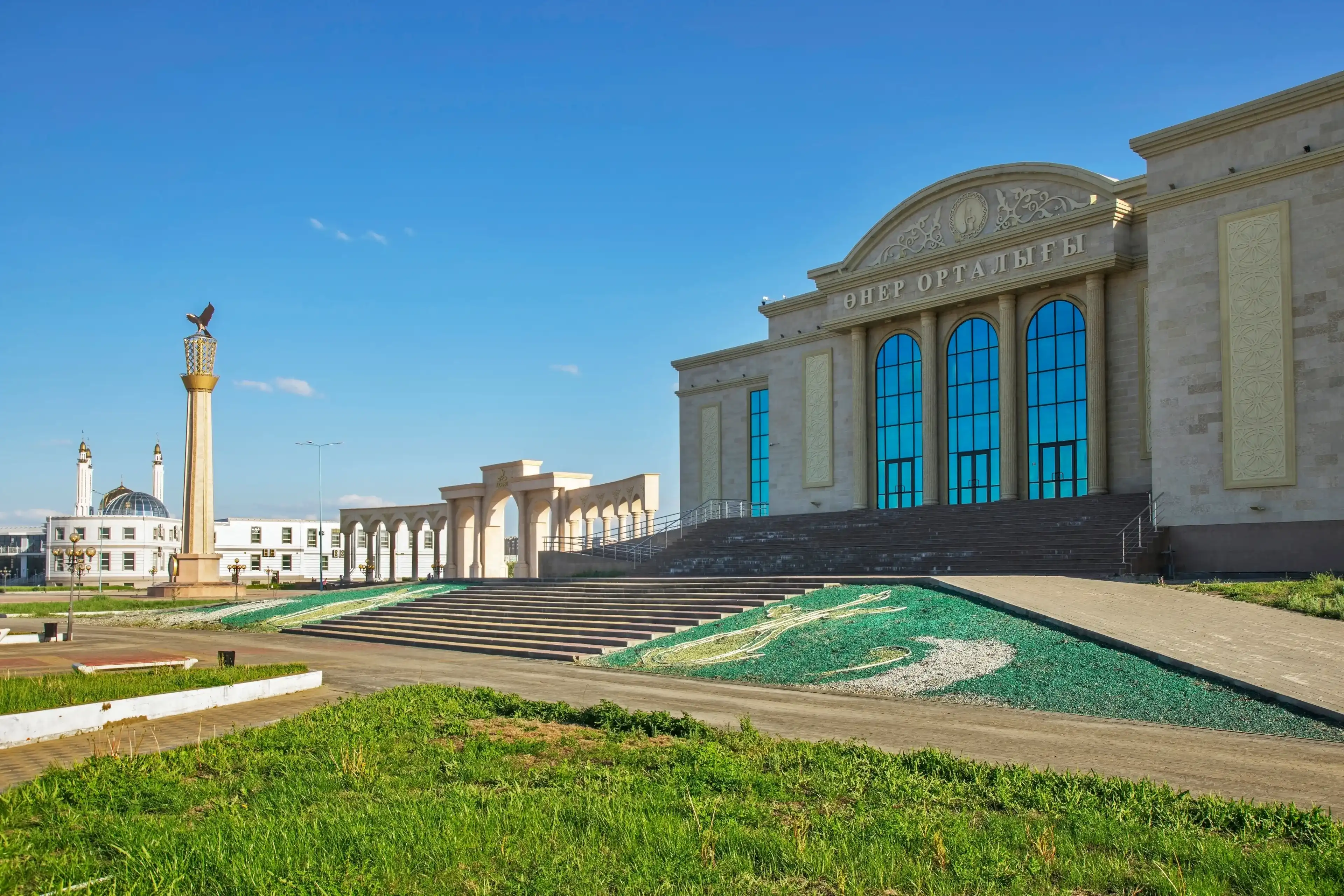 AKTOBE. KAZAKHSTAN. 25 MAY 2022 : Independence square and Arts center in Aktobe. Kazakhstan AKTOBE. KAZAKHSTAN. 25 MAY 2022 : Independence square and Arts center in Aktobe. Kazakhstan