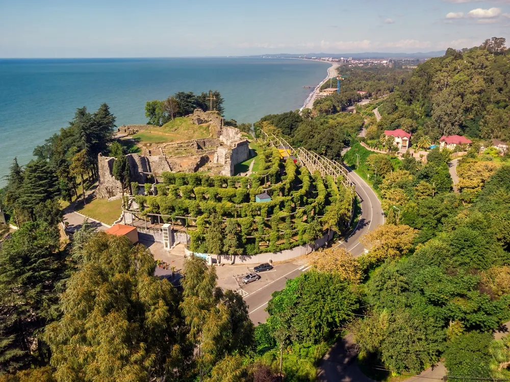 Aerial view of medieval fortress of Petra. The archaeological excavations. Tsikhisdziri, Kobuleti, Batumi, Adjara, Georgia.