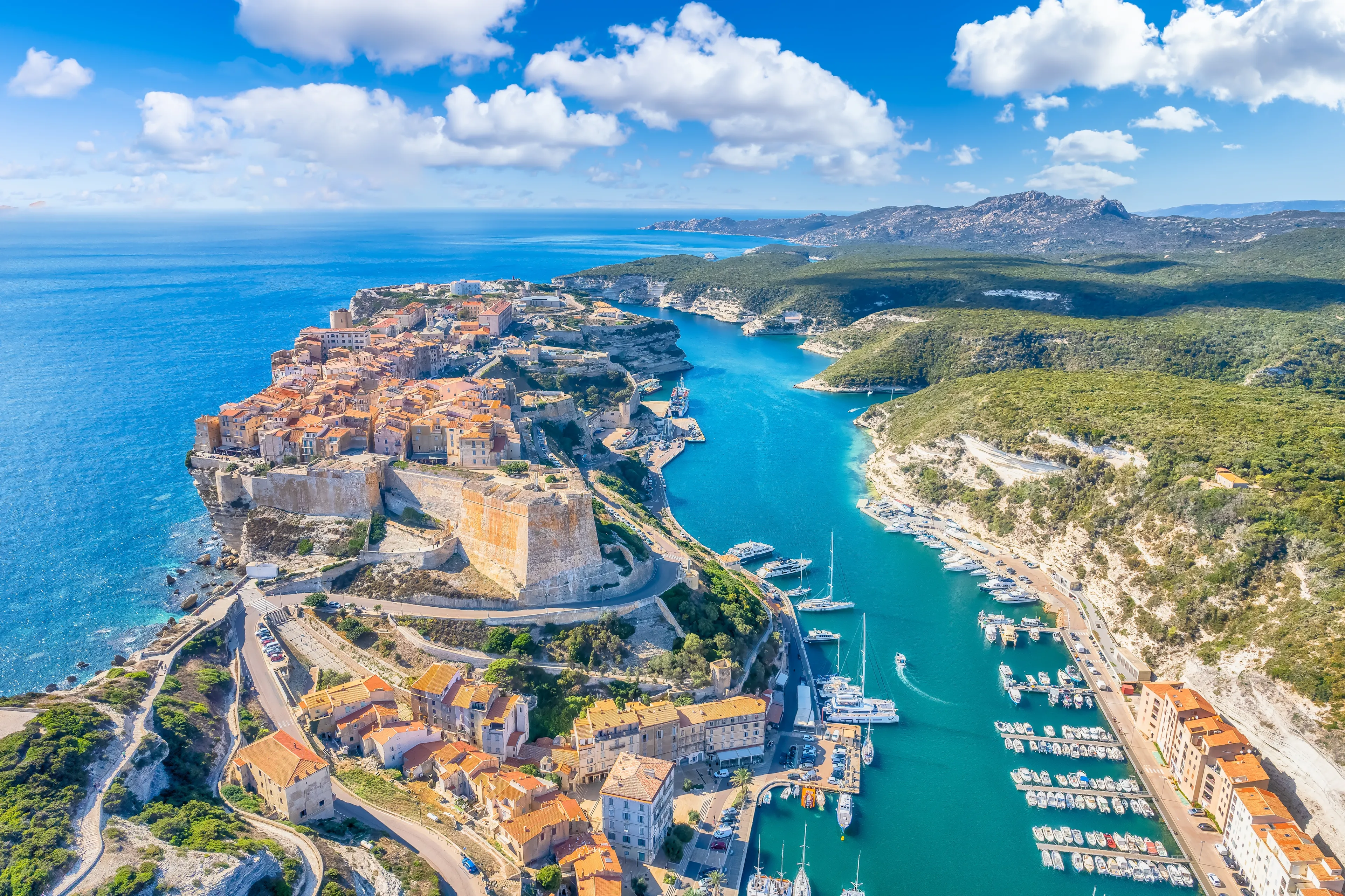 Aerial view of Bonifacio town in Corsica island, France