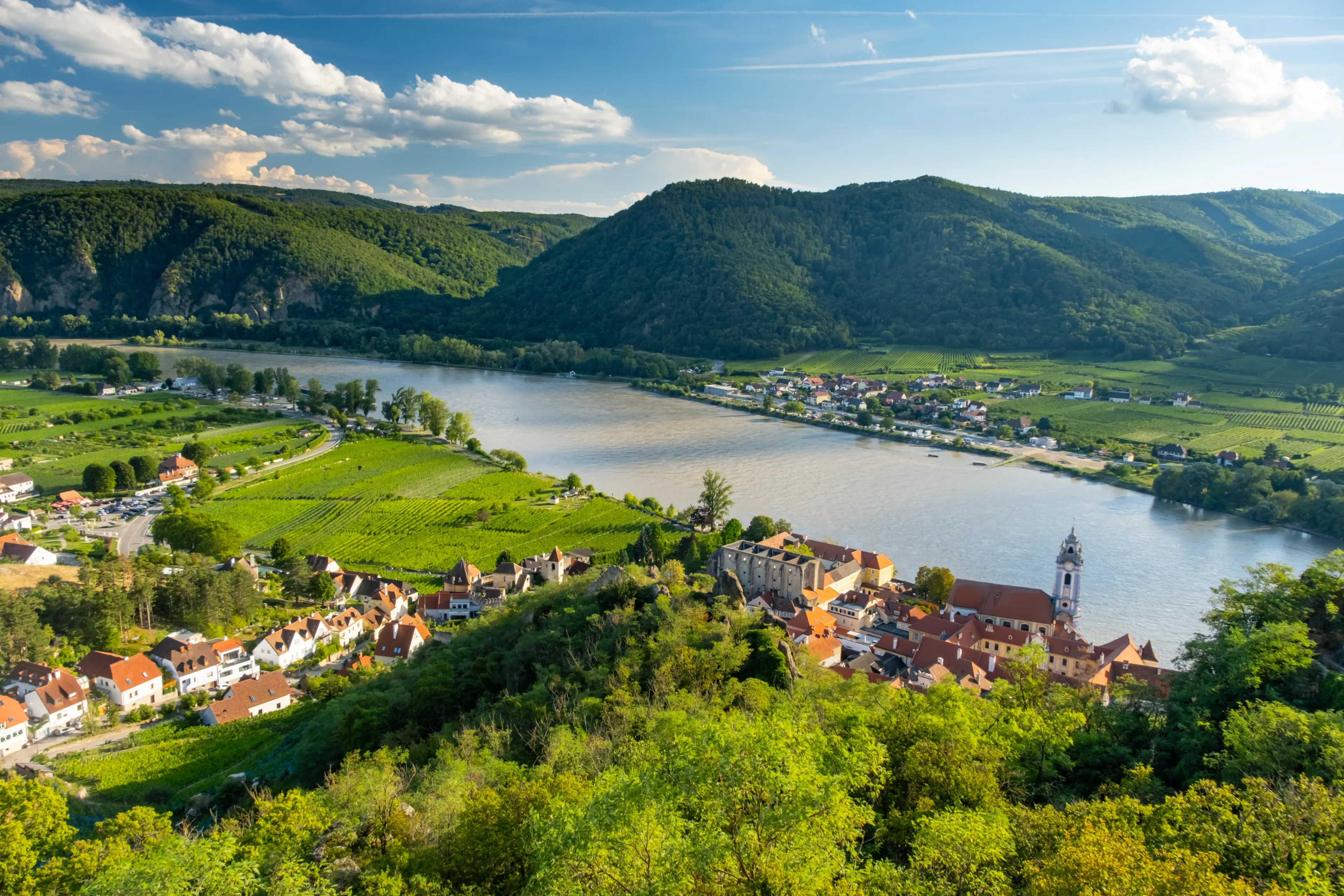 Panorama of Wachau valley with Danube river near Duernstein village in Lower Austria. Traditional wine and tourism region, Danube cruises.