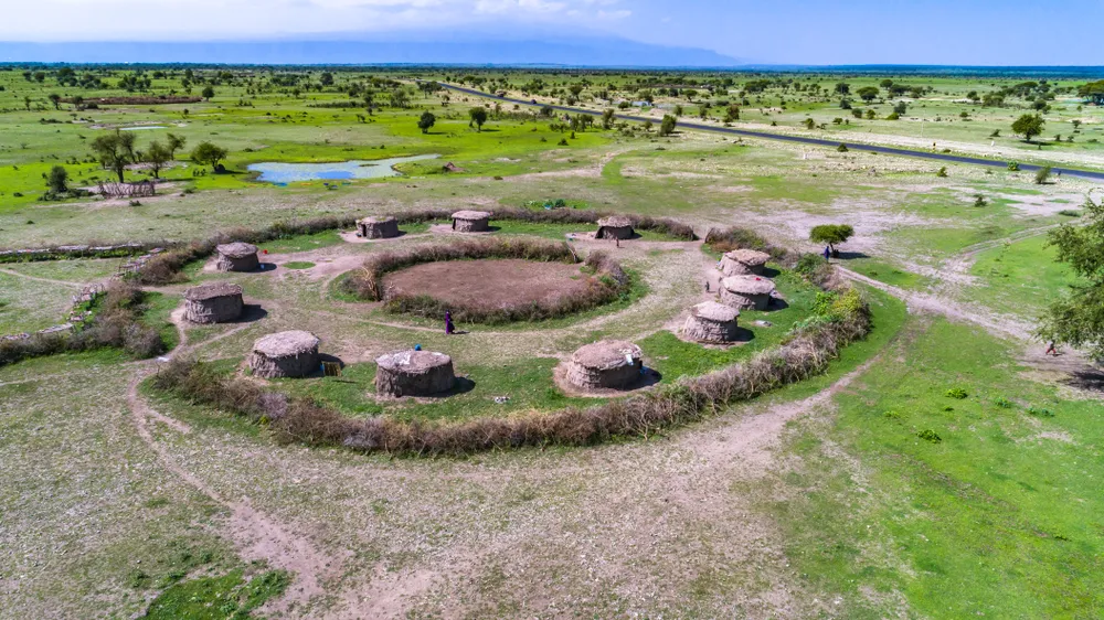 Aerial. Traditional Masai village near Arusha, Tanzania.