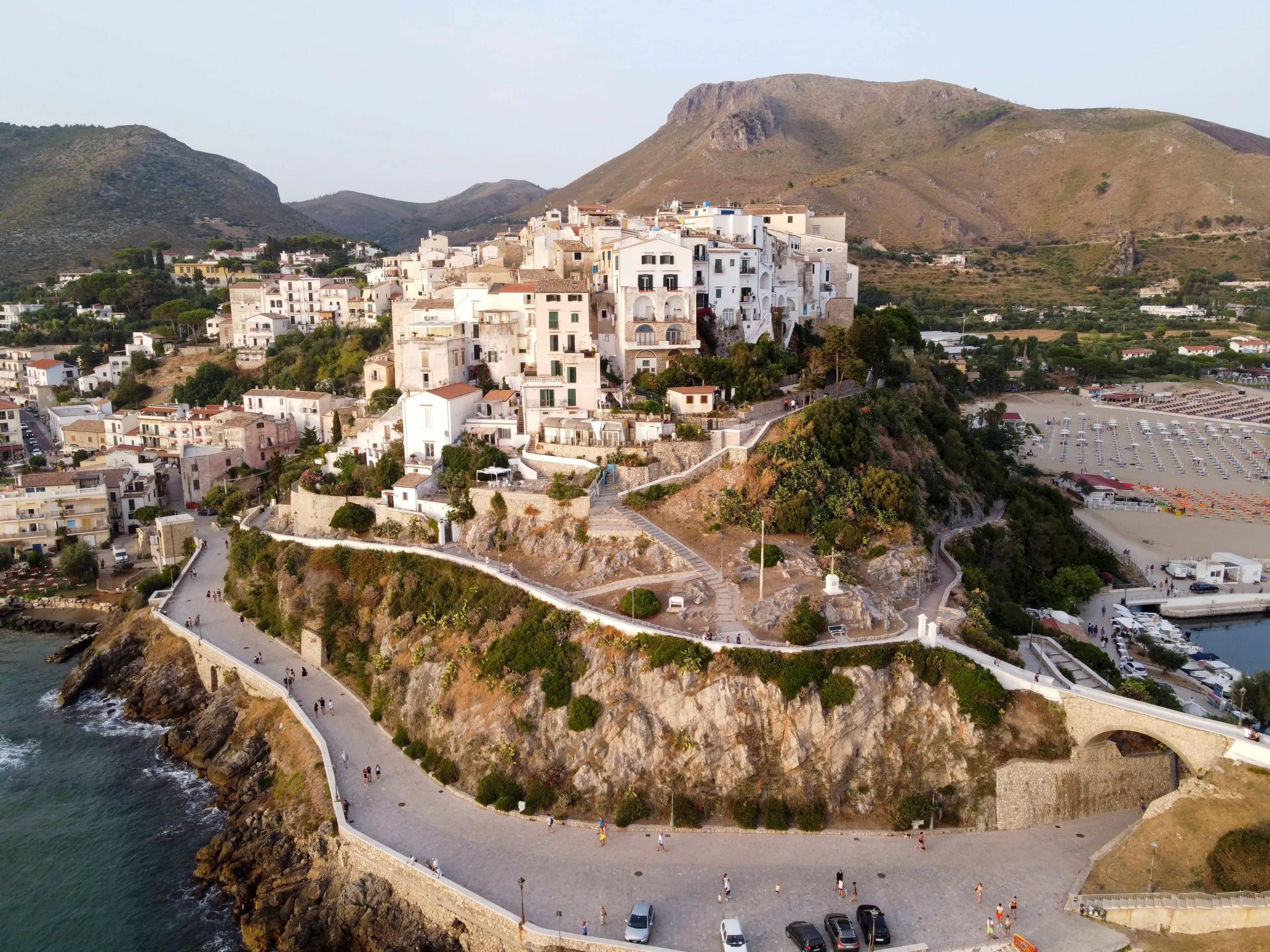 Aerial view on old and new parts of Sperlonga, ancient Italian city in province Latina on Tyrrhenian sea, tourists summer vacaton destination