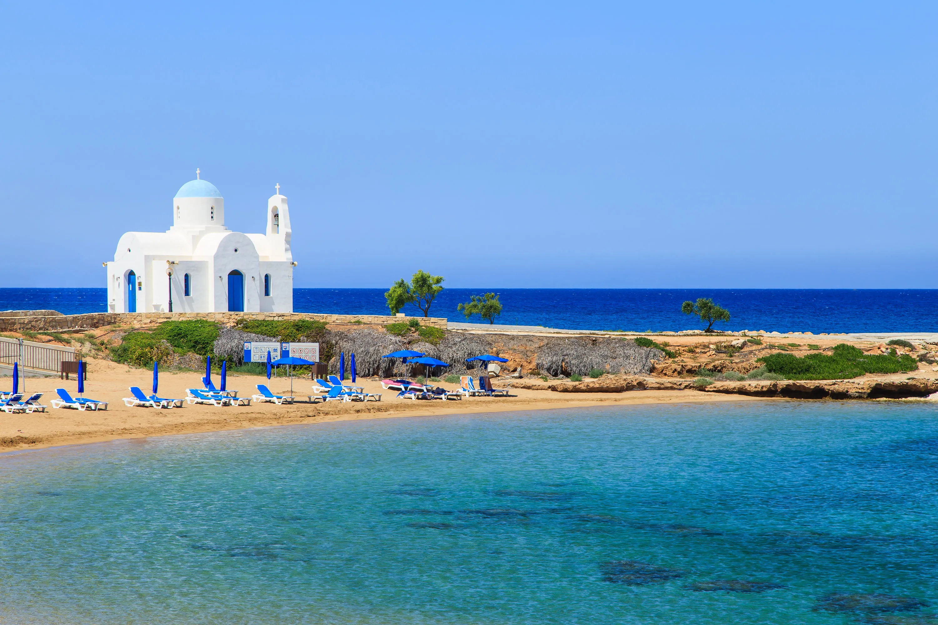 White church on a shore in Protaras near Aiya Napa, Cuprus