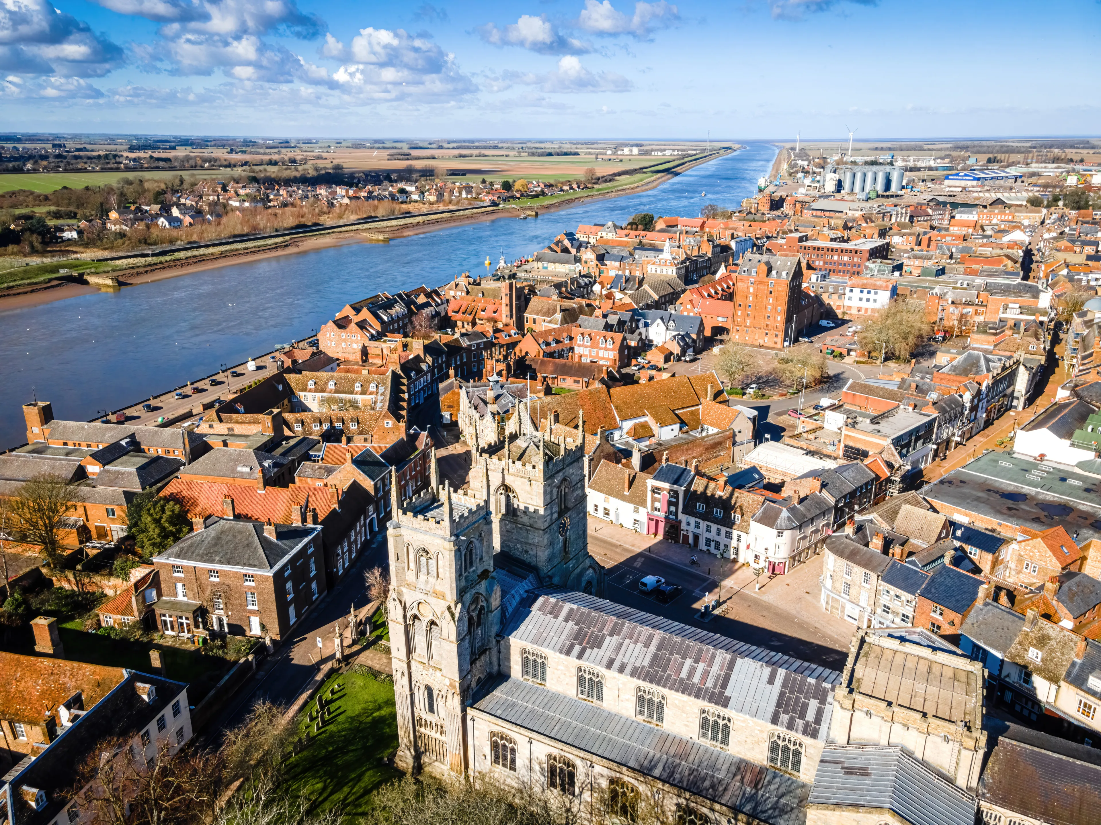 An aerial view of King's Lynn, a seaport and market town in Norfolk, England, UK
