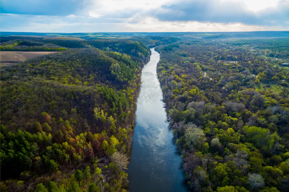 river in a beautiful valley. Aerial view landscape. shooting from a drone