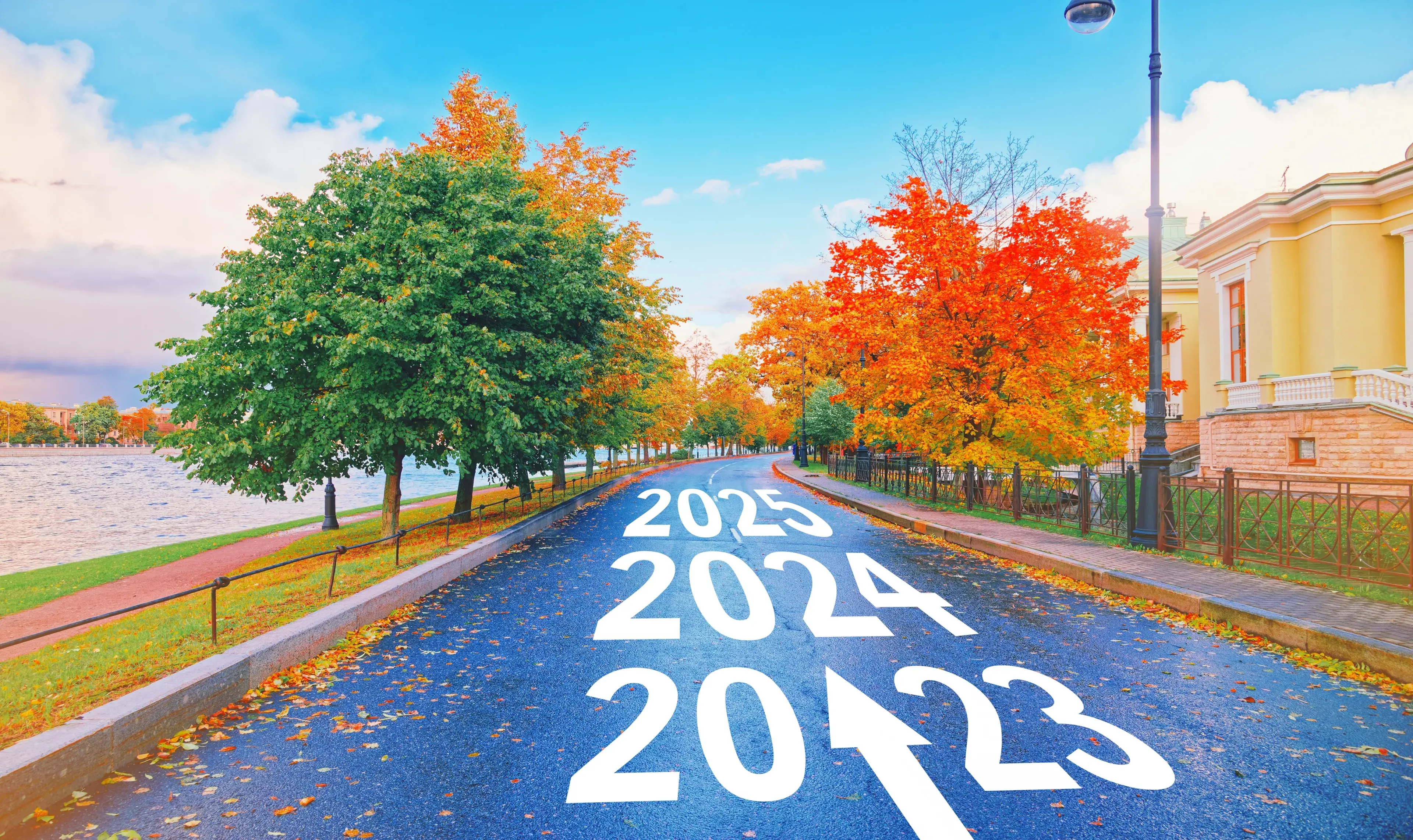Empty car road drive, arrow sign path view. New year 2023, next goal 2024. Trip way start, travel ahead 2025, end job 2022. Future trend, life plan change, fresh hope growth begin, go forward concept. Empty car road drive, arrow sign path view. New year 2023, next goal 2024. Trip way start, travel ahead 2025, end job 2022. Future trend, life plan change, fresh hope growth begin, go forward concept.