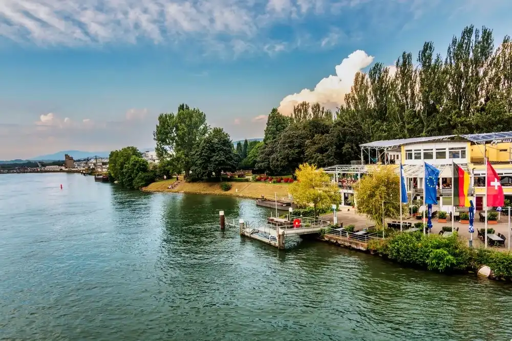 Weil am Rhein, Germany - August 17, 2016: View of Rheinbalkon St. Goar from Dreiländer bridge along River Rhine. Weil am Rhein, Germany - August 17, 2016: View of Rheinbalkon St. Goar from Dreiländer bridge along River Rhine.