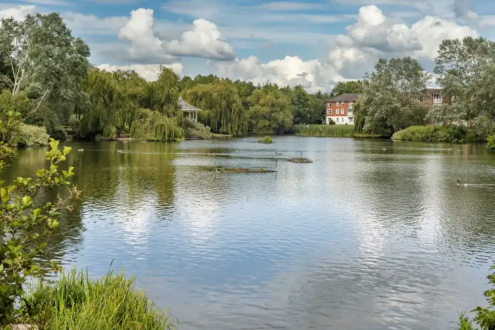 Bandstand and view of the lake at Watermead in Aylesbury, Buckinghamshire, United Kingdom Bandstand and view of the lake at Watermead in Aylesbury, Buckinghamshire, United Kingdom