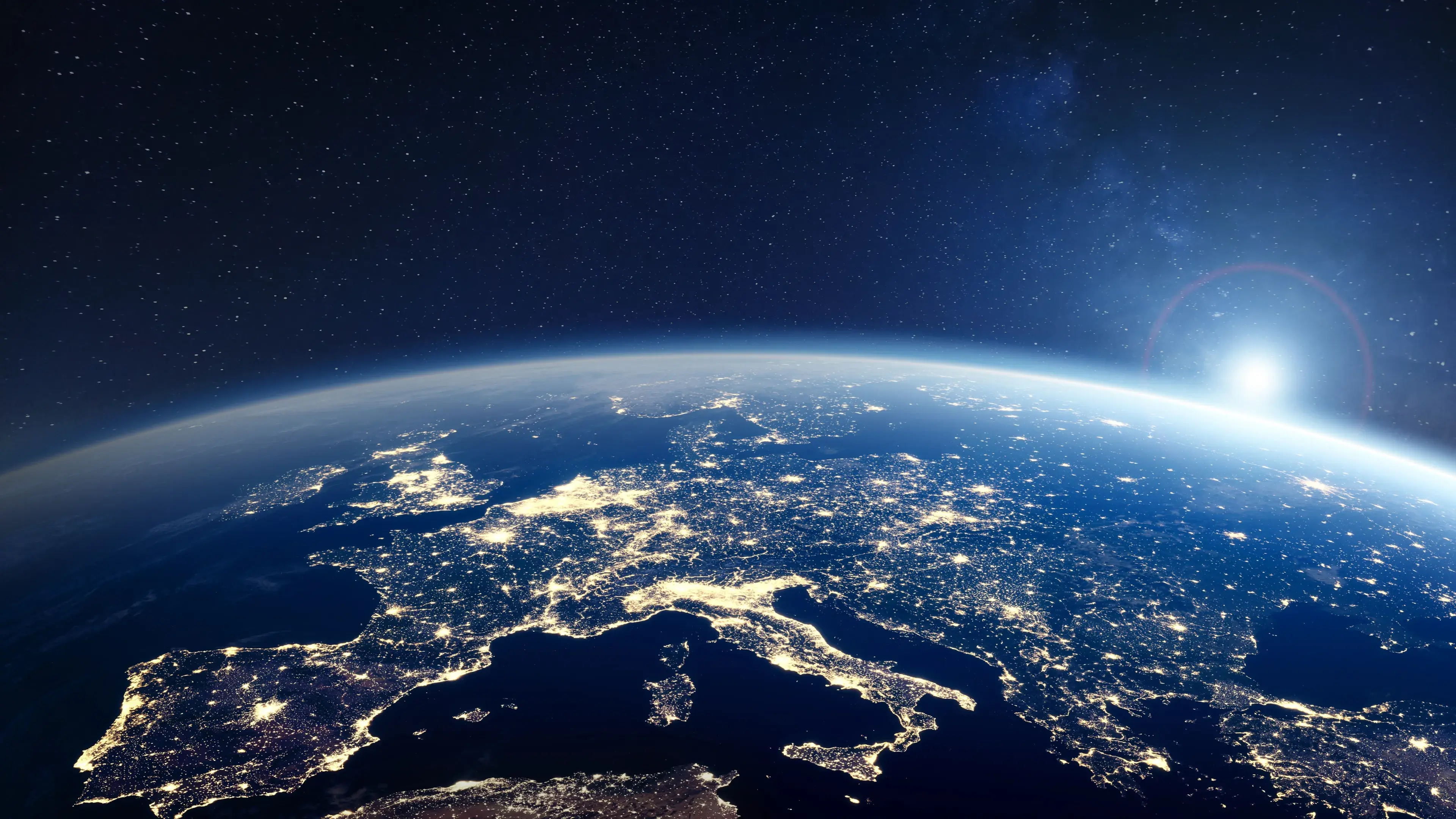 Europe at night viewed from space with city lights in European Union countries and cities. Planet Earth. Elements from NASA. Technology, global communication, world connections. Europe at night viewed from space with city lights in European Union countries and cities. Planet Earth. Elements from NASA. Technology, global communication, world connections.