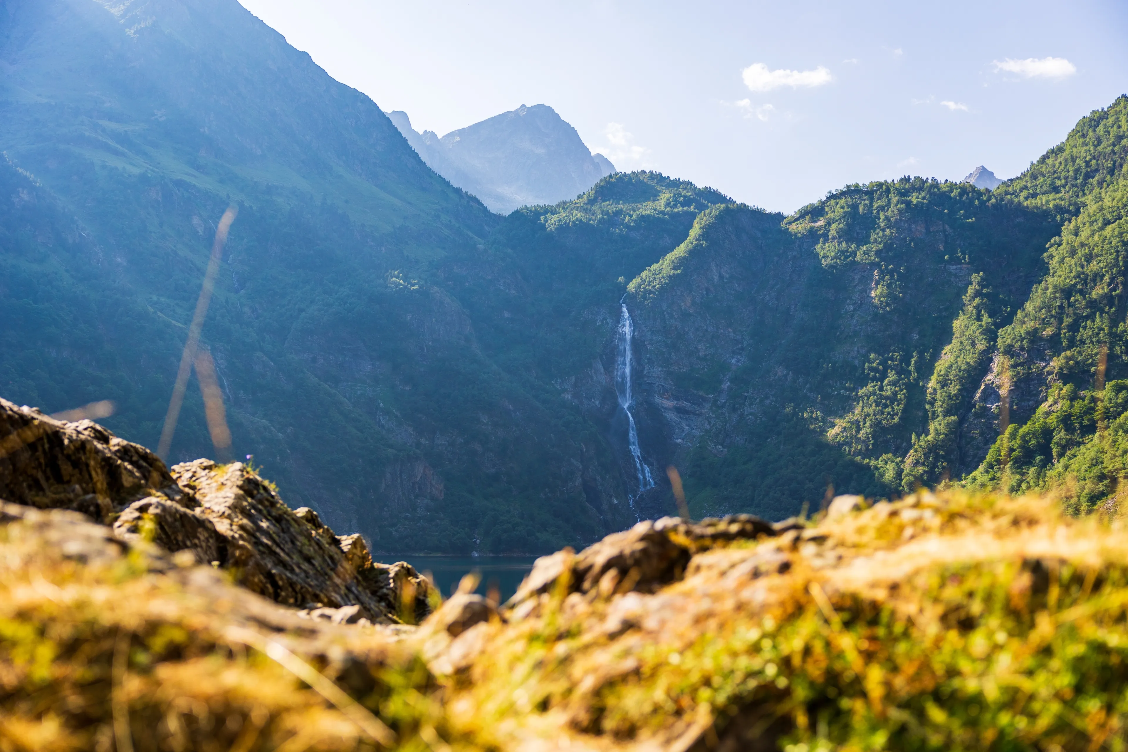 Waterfall of Oô flowing into the lake of the same name in the Pyrenees near Bagnères-de-Luchon