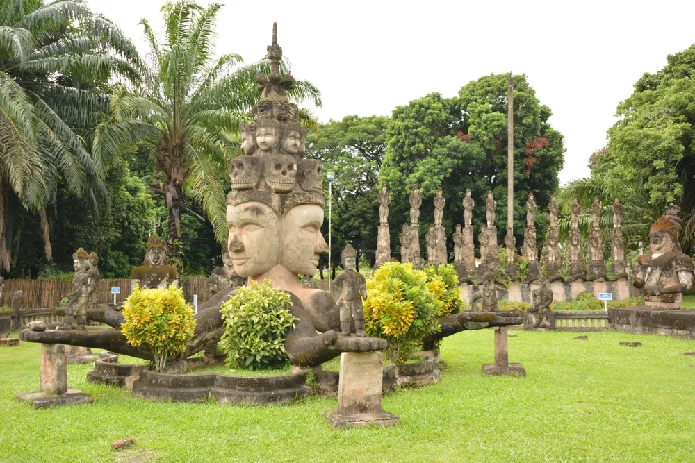 Laos, Vientiane - aerial view over a group of statues at Buddha Park or Wat Xieng Khouane Luang (November 08, 2016)