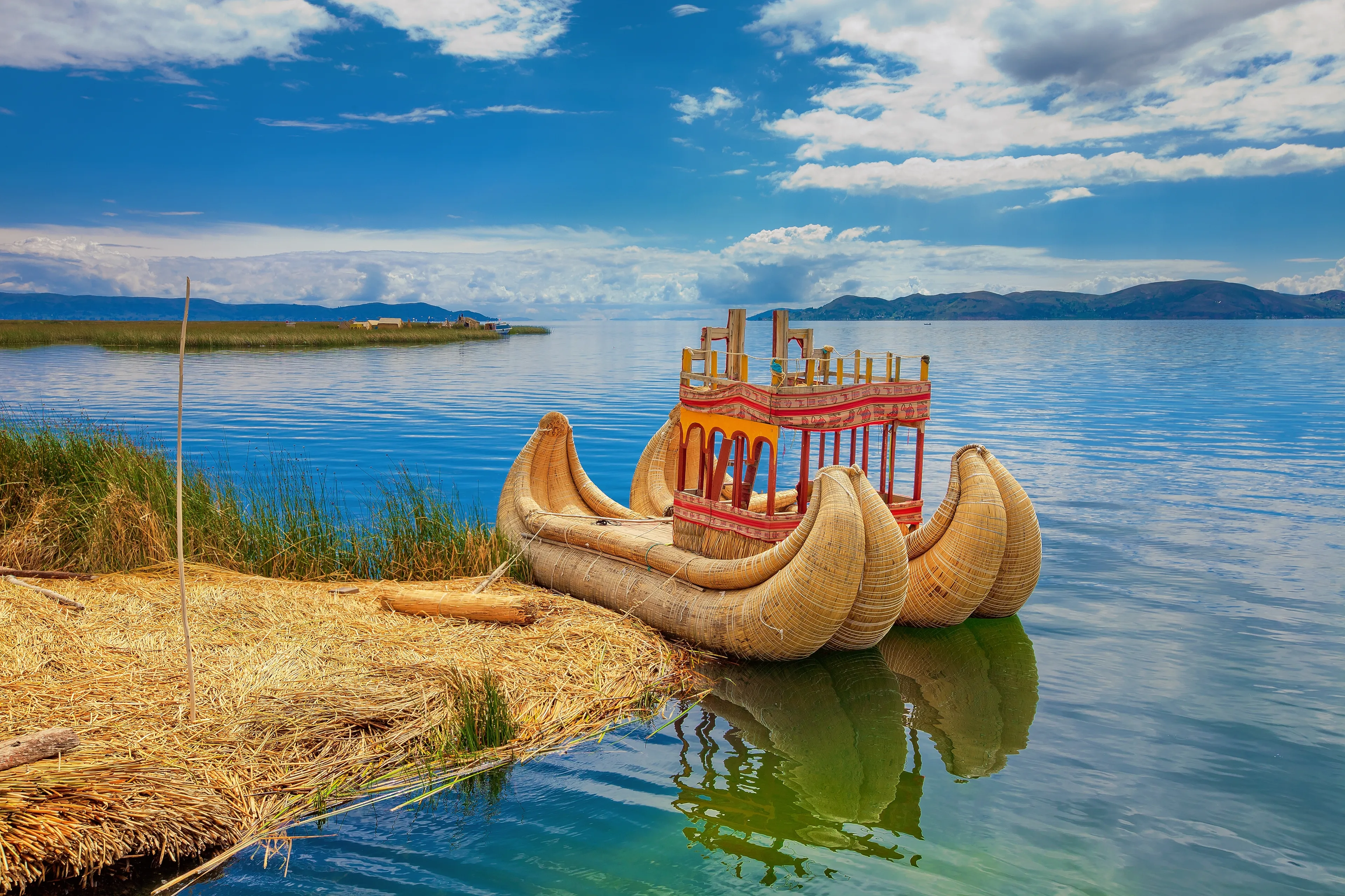 A boat parked on the island of Uros, Puno