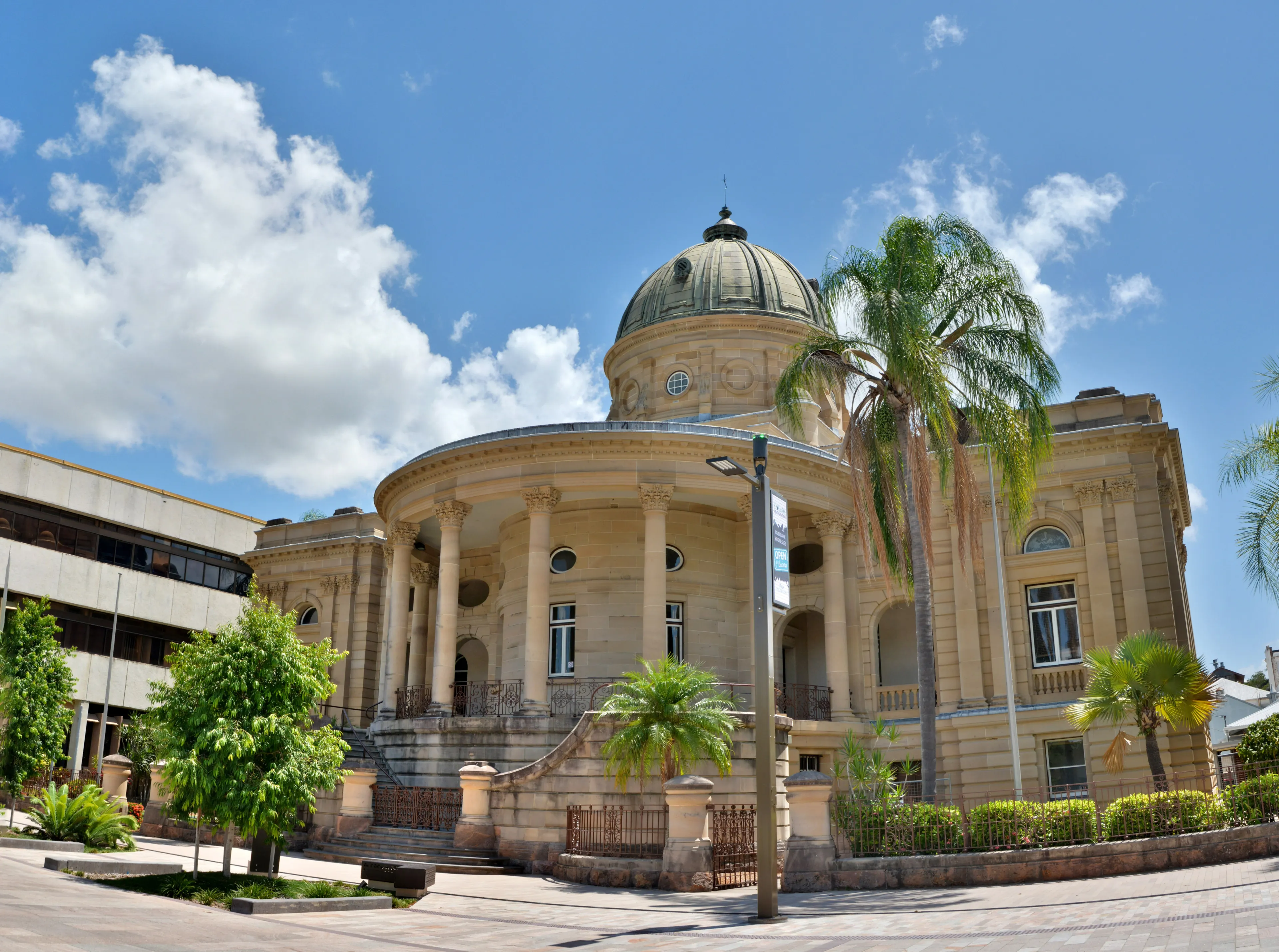 Rockhampton, Queensland, Australia - December 28, 2017. Historic building on Quay Street in Rockhampton, QLD, with surrounding buildings and vegetation. 