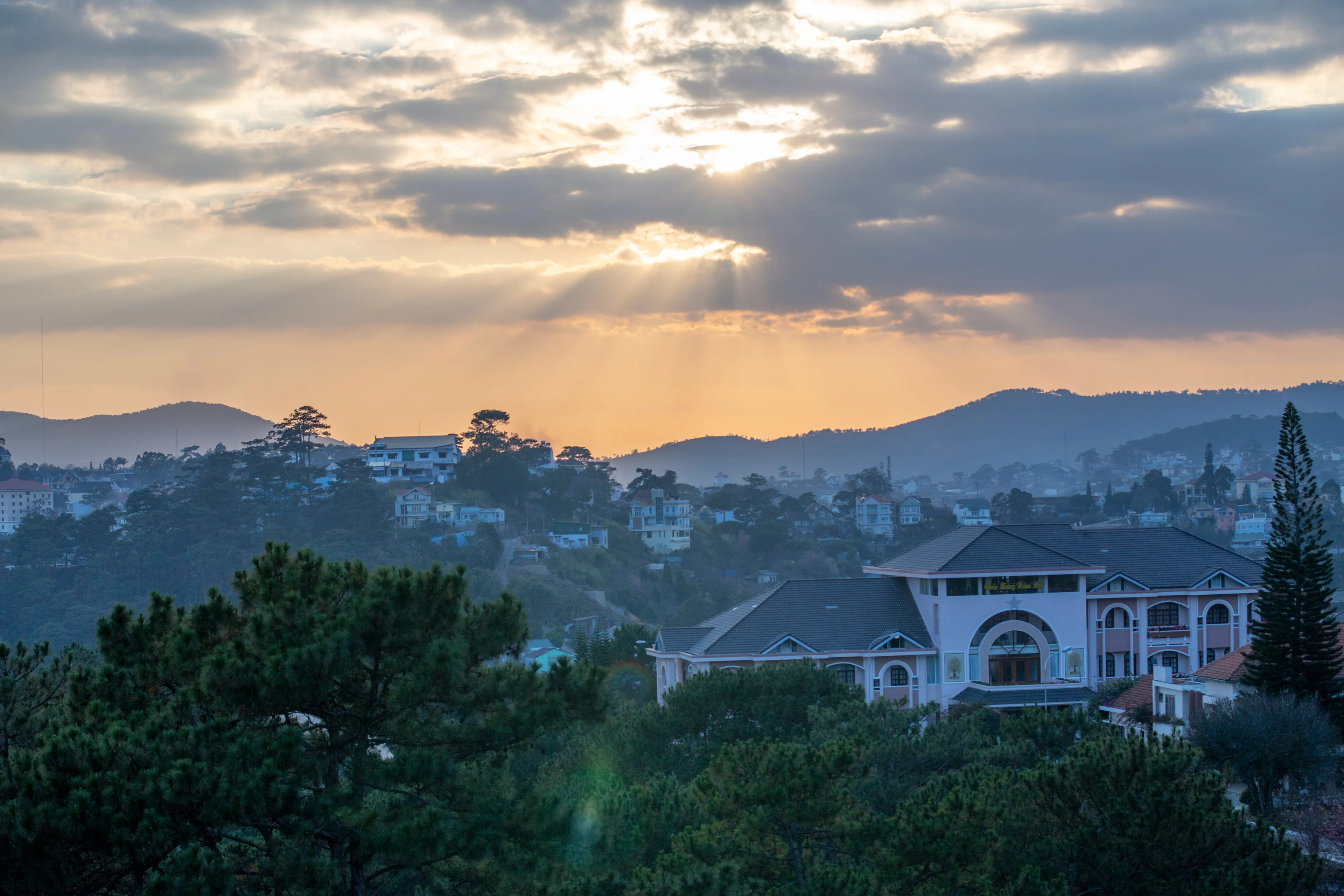 Dalat, Vietnam - November 19th 2019: Sunset red sky and villa houses at DaLat city, Vietnam. Dalat is the capital of Lâm Đồng Province in Vietnam.