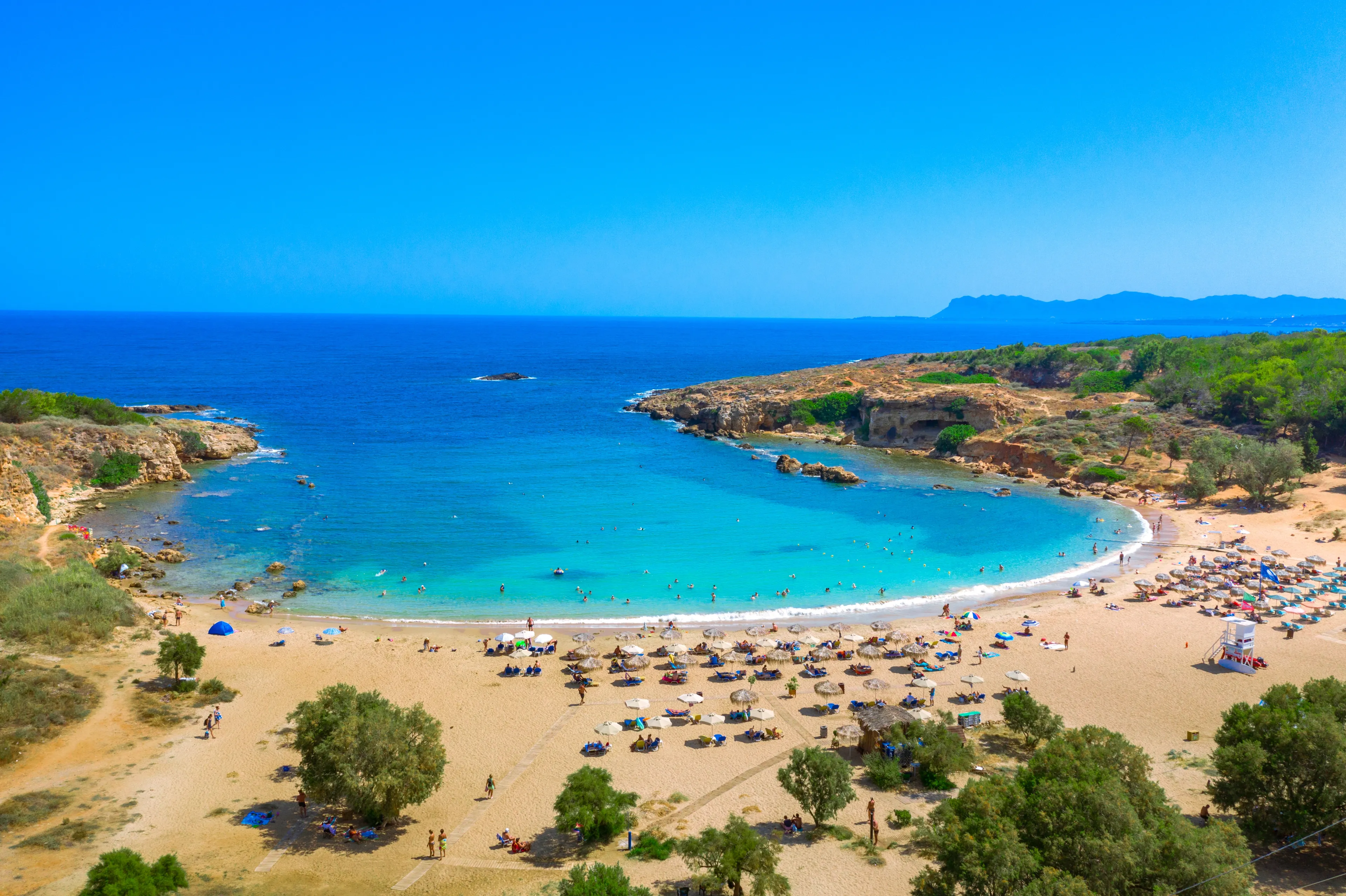 Aerial view of famous beach Agioi Apostoloi, Chania, Crete, Greece.
