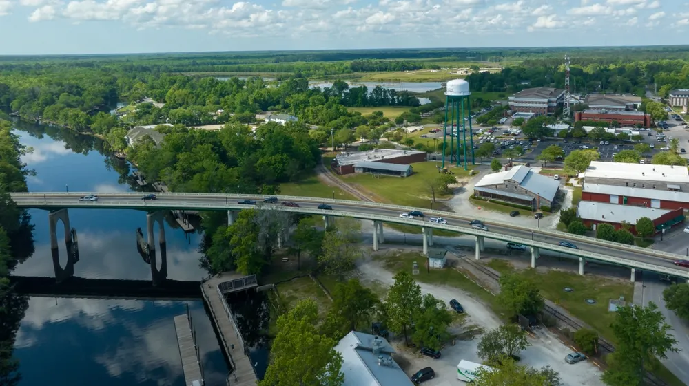 Aerial view of a small town called Conway, located outside of Myrtle Beach, South Carolina.