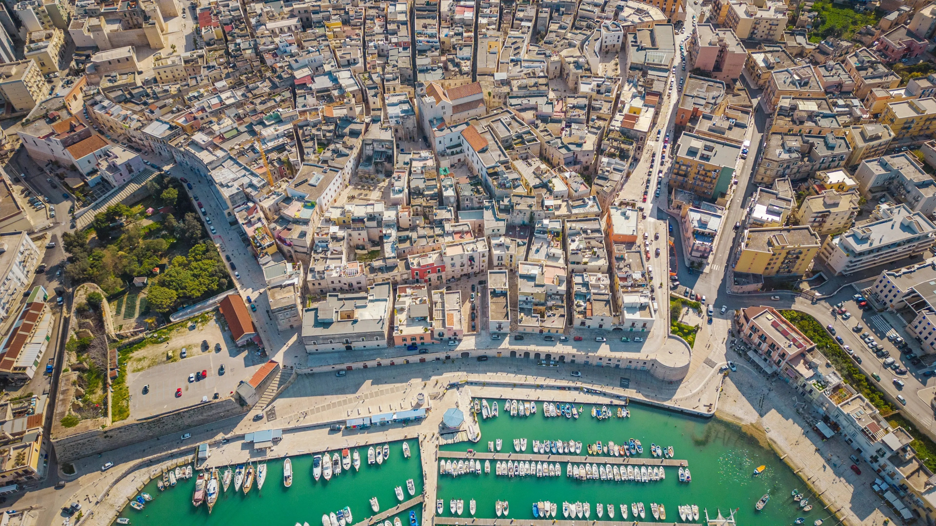 BISCEGLIE, ITALY. 5 APRIL 2023. Aerial view of seafront Bisceglie in Puglia with drone.