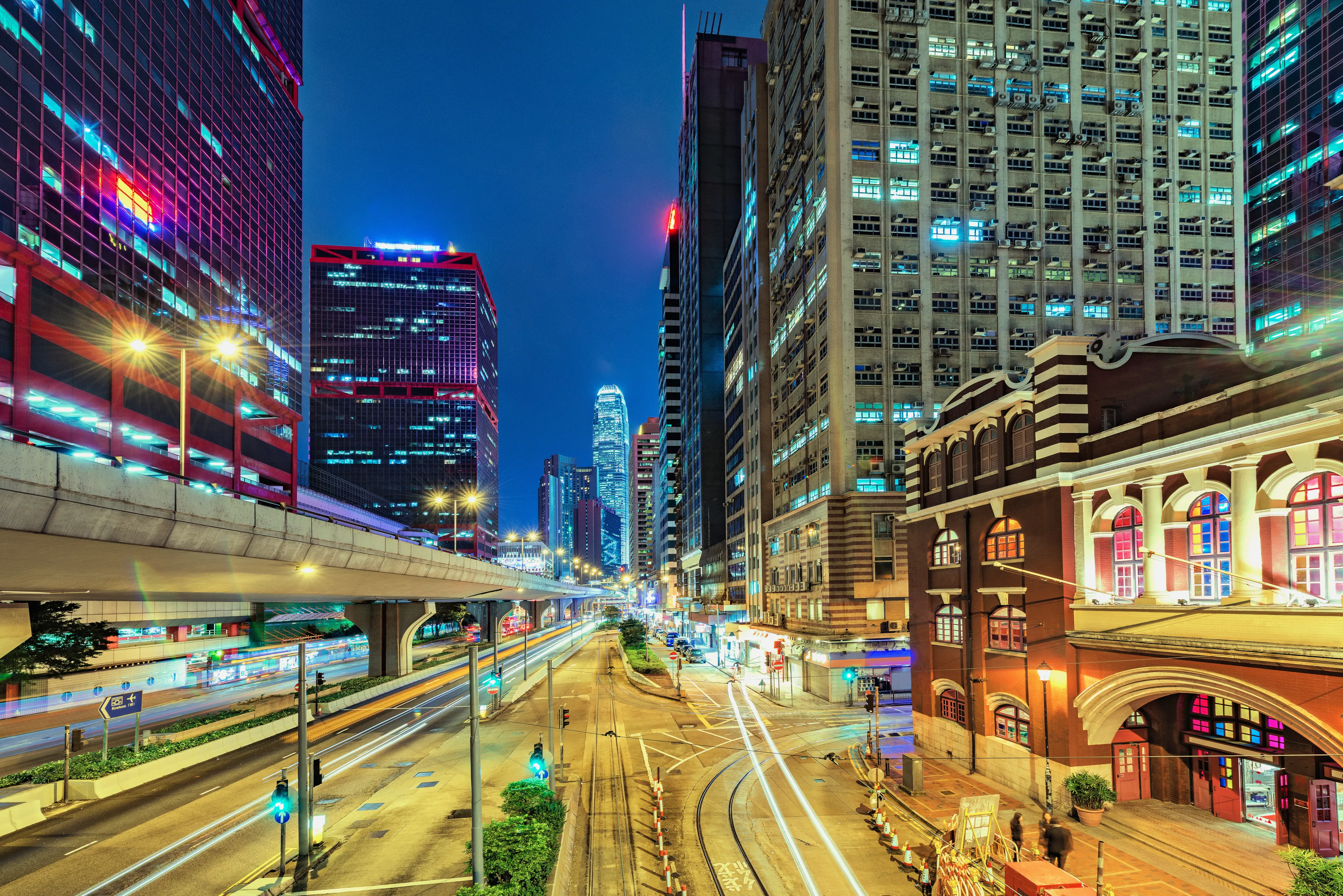 Night street view in Central city District. Hong Kong.