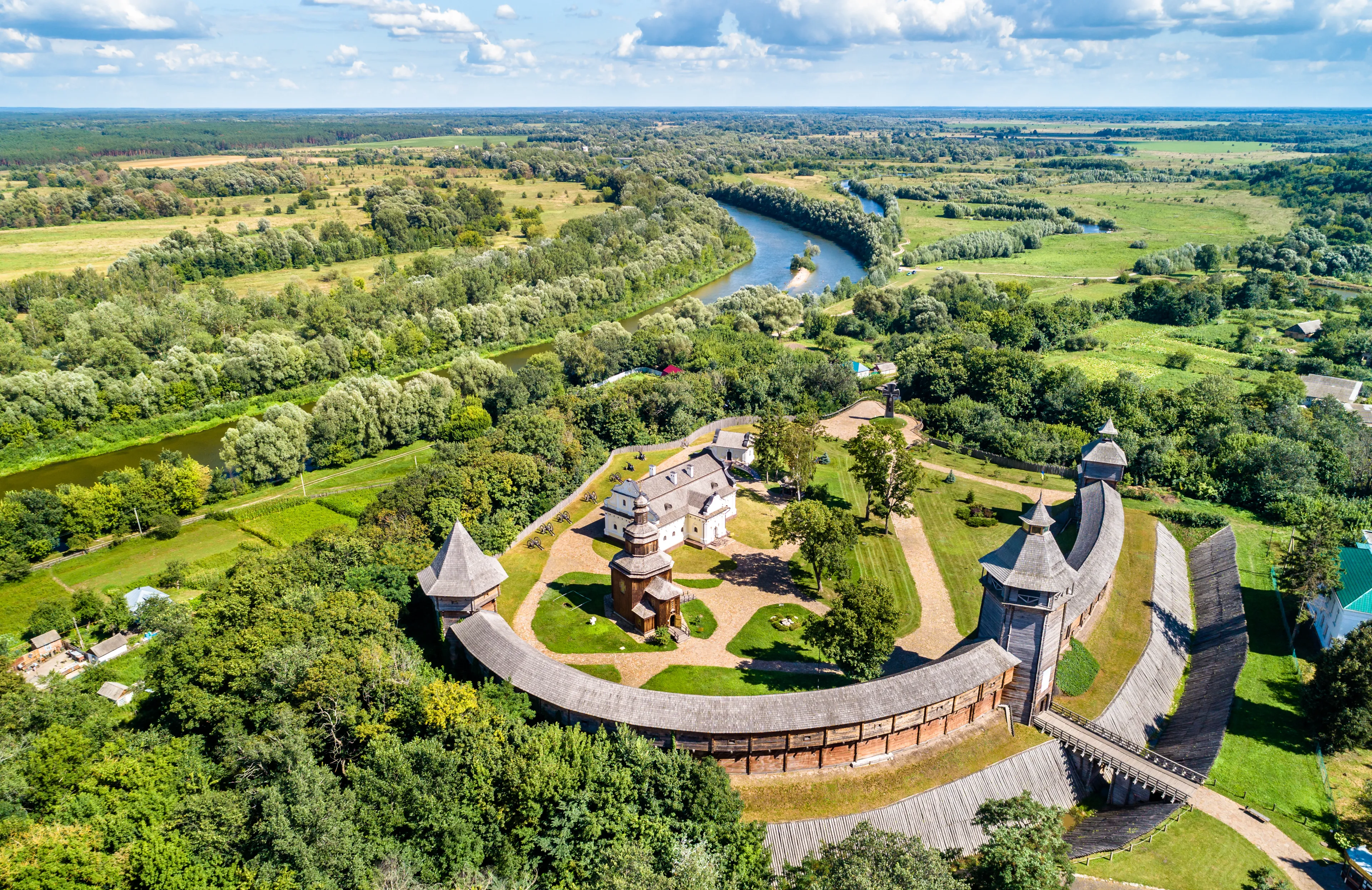Aerial view of Baturyn Fortress with the Seym River in Chernihiv Oblast of Ukraine